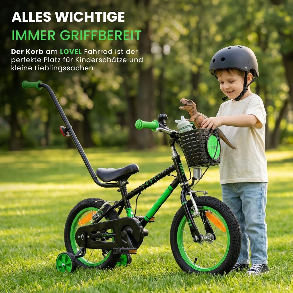 sun baby Kinderfahrrad 14/16 Zoll LOVEL - Mädchenfahrrad und Jungenfahrrad, 3-6 Jahre, max. 50 kg - Korb, Klingel, Kettenschutz