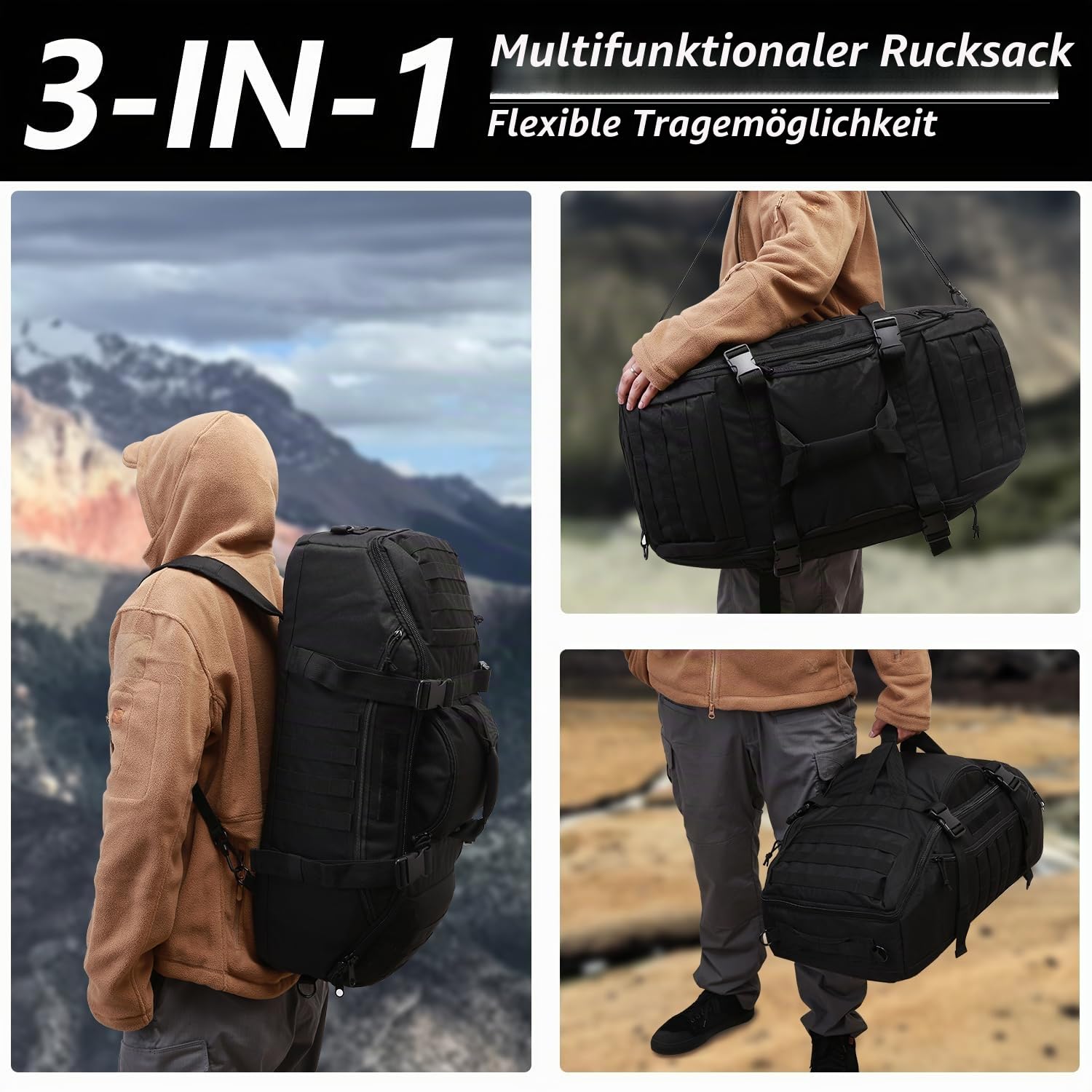 Große Reisetasche, 3-in-1 taktischer Rucksack, MOLLE-Pack für Sport, Fitnessstudio, Outdoor, Schwarz, 65L, Aktivitäten im Freien