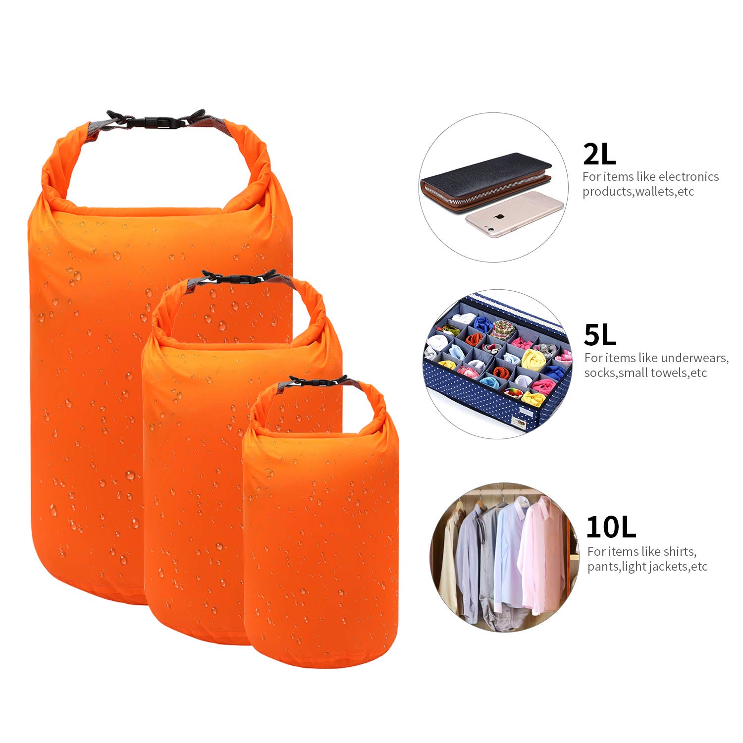 Dry Bag 2L + 5L + 10L Set Borsa Impermeabile Ultra-Light Resistente all'abrasione, antistrappo, sacchetto impermeabile, per kayak, nuoto, pesca, campeggio, escursioni