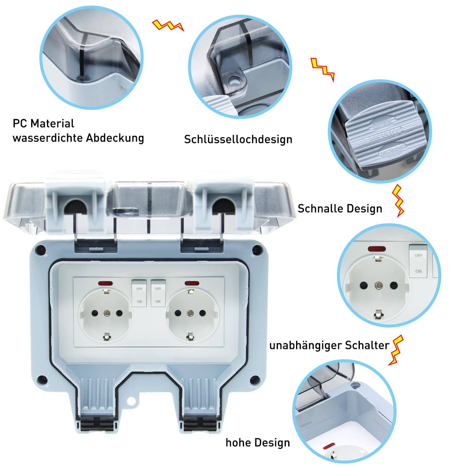 Enchufe exterior resistente al agua IP66, 1 compartimento con interruptor, luz de control, enchufe de pared, para ambientes húmedos, protección de contacto, enchufe de jardín, resistente al polvo