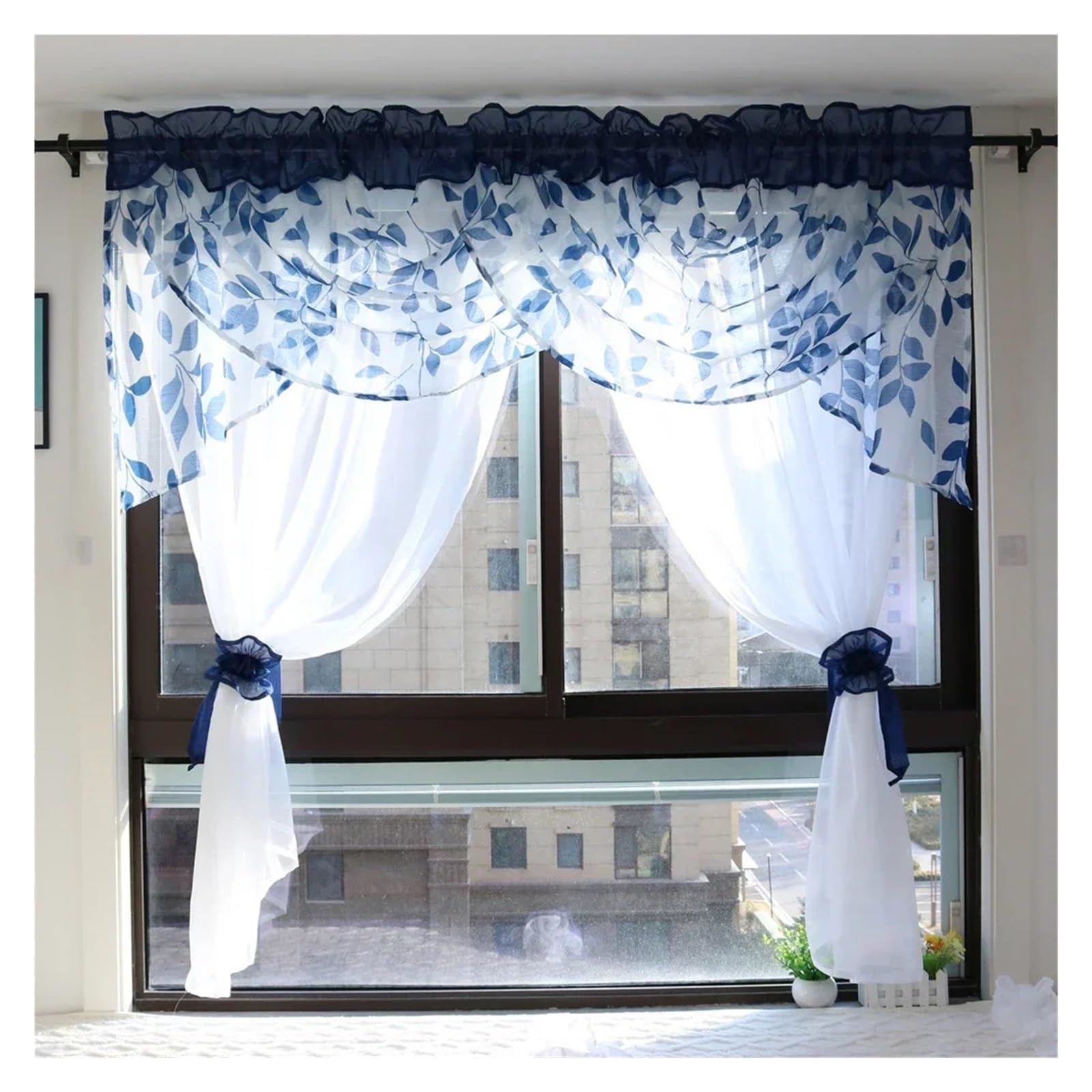 LNNXSZ Short Curtains Leaves Print Valance Style Gauze Curtain, Sheer Window Drapes, Bedroom Living Room Treatments(W200cm x H120cm)