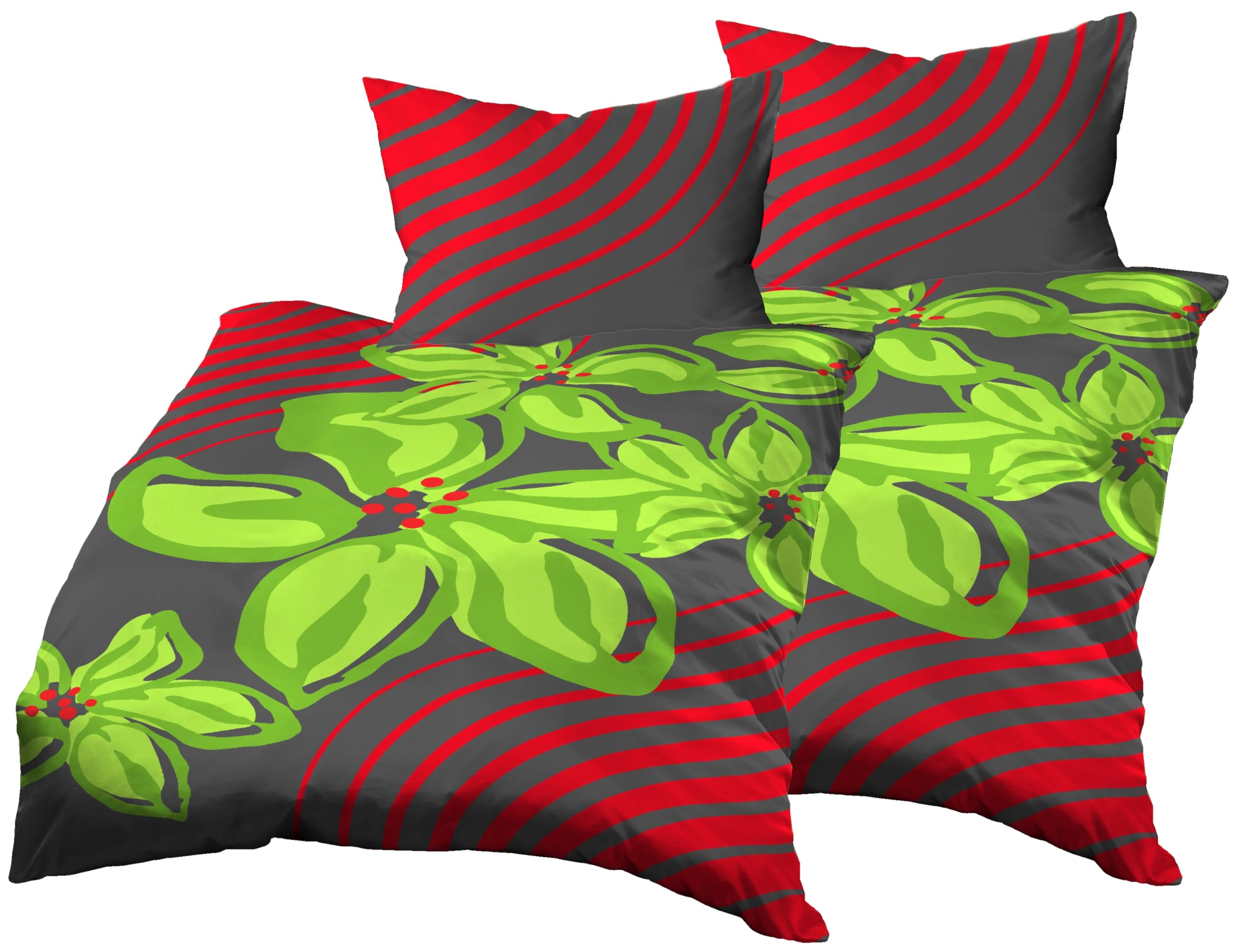 4teilig Bettwäsche-Set 2X 140x200 cm + 2X 70x90 cm, Baumwolle Renforce, Blumen Grün Anthrazit Rot