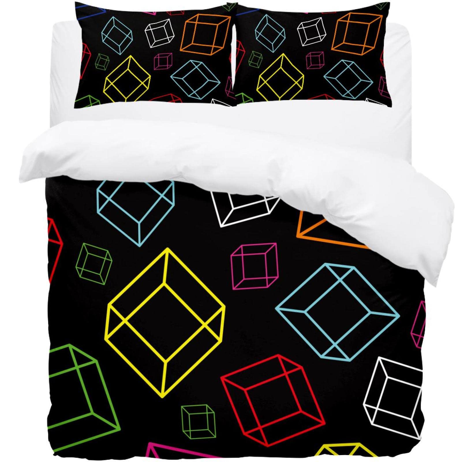 Parure de lit 3 pièces avec housse de couette noir et taies d'oreiller géométrique double king