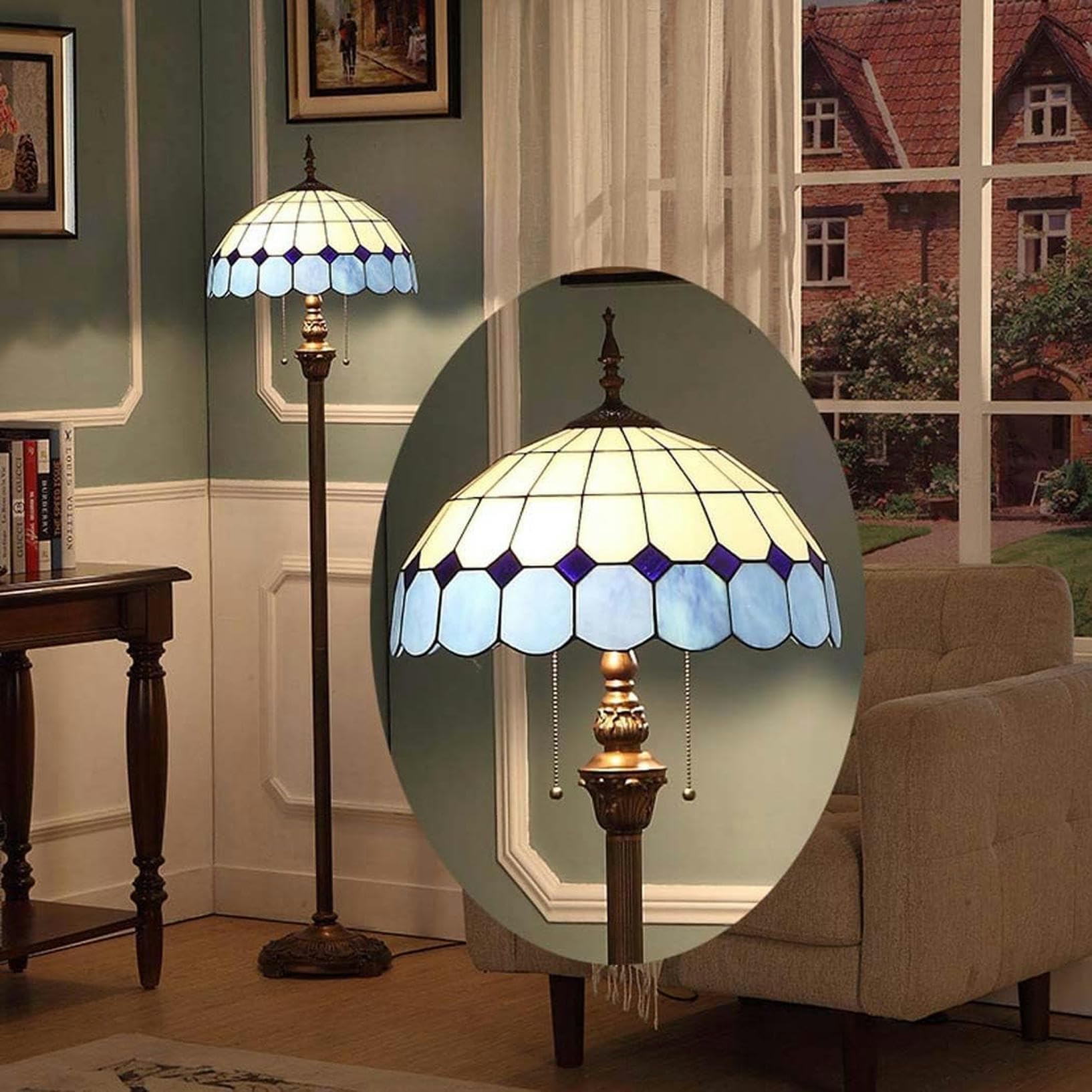 Lámpara de pie de 2 luces para sala de estudio con vidrieras azules