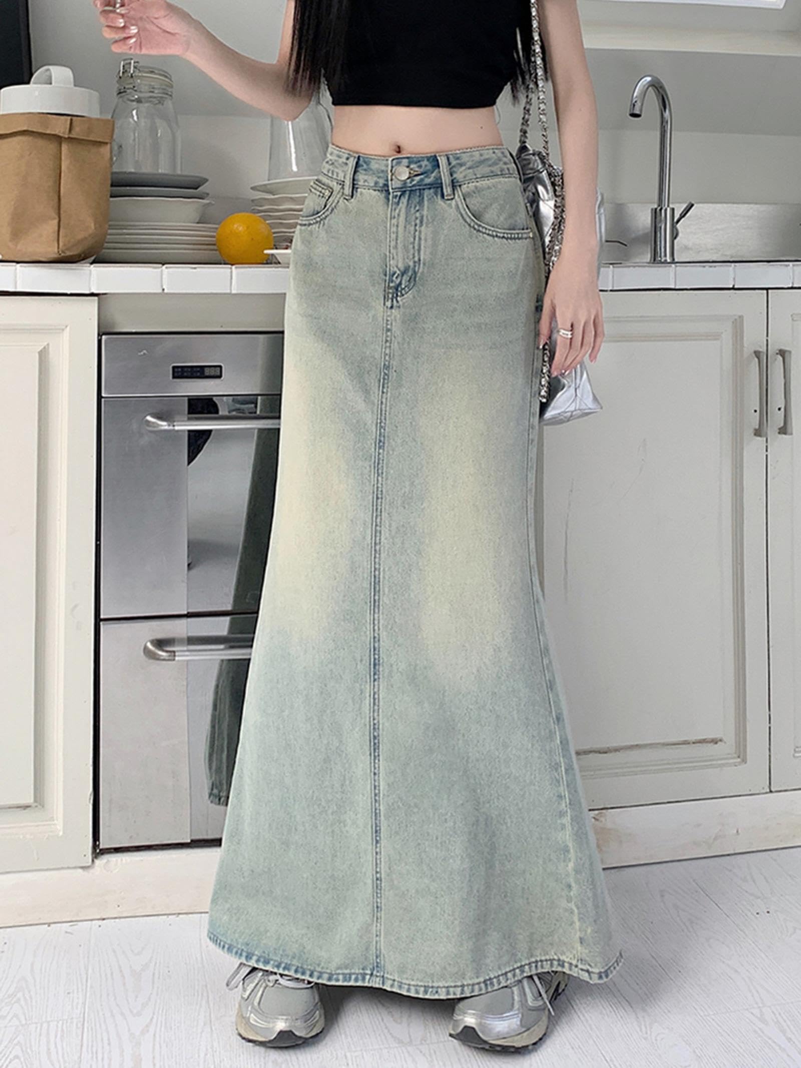 NOGRAX Satinrock Maxi Verzweifeltes Jeansrock Für Frauen Taschenrücken Schlanker Hüfte Wrap Long Jeans Rock Weiblich