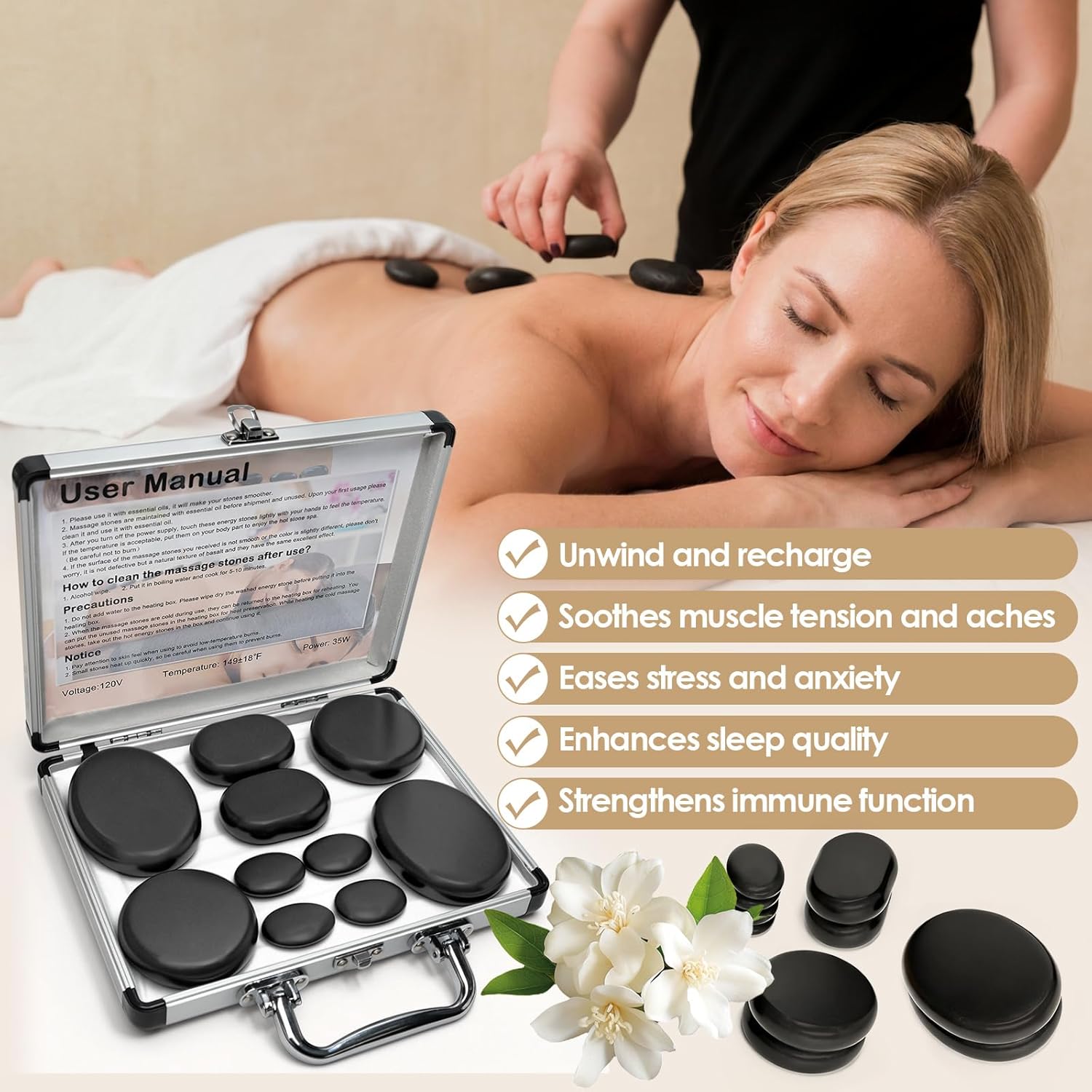 10Pcs Hot Stones Massage Set,Hot Rocks Basalt Massage Stones,Hot Stones with Warmer, Massage Stones for Professional or Home SPA, Relaxing, Healing