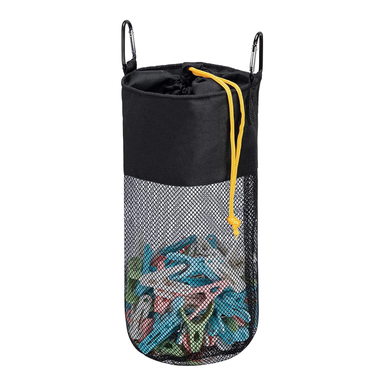 GNEGNI LIFE Pegs Bag, Mesh Large-Capacity Clothes Pegs Bag with Hook Drawstring Hanging Clothespin Bag Portable Resistant Clothes Pegs Holder Bag for Storing Clothes Peg, Socks and Toys (Black)