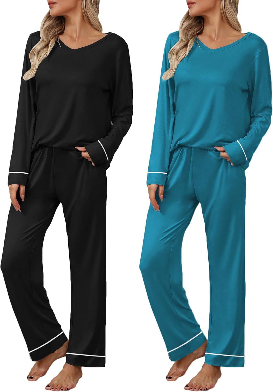 Ekouaer Womens 2 Pack Pajama Set Long Sleeve Pajamas Top and Pants V Neck Pjs Set Soft Loungewear with Pockets