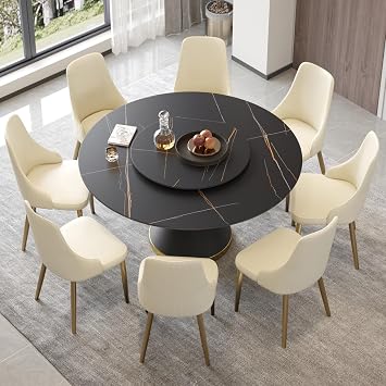 59" Round Dining Table, Black Sintered Stone Tabletop with Lazy Susan, Solid Black Carbon Steel Base, Kitchen Dining Room Table for 6 to 8