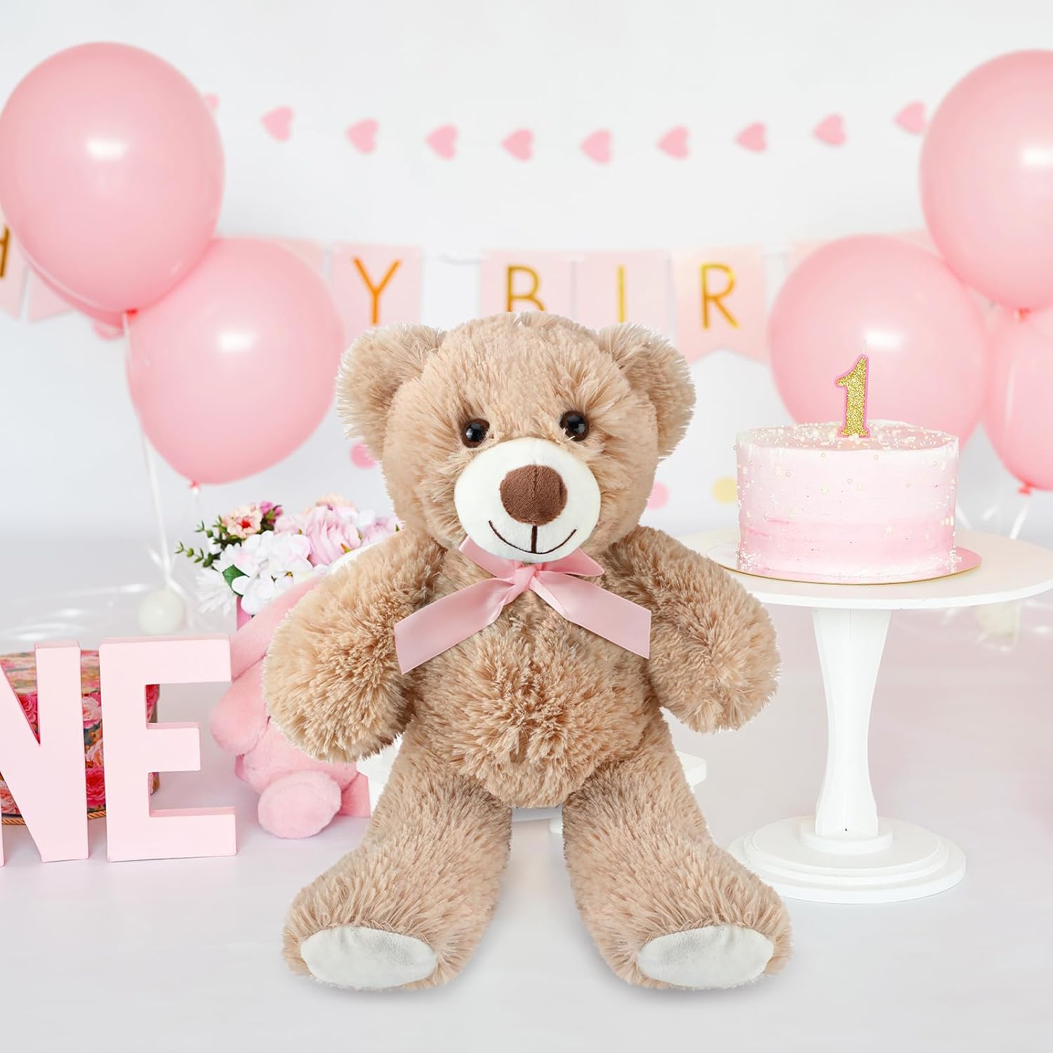 Jenaai 106 Pcs Bear Baby Shower Decoration for Boy or Girl, 6 Pcs Bears Stuffed Animal with 100 Pcs Latex Balloons for Kids Birthday Baby Shower Wedding Engagement Christmas Party Decor(White, Pink)