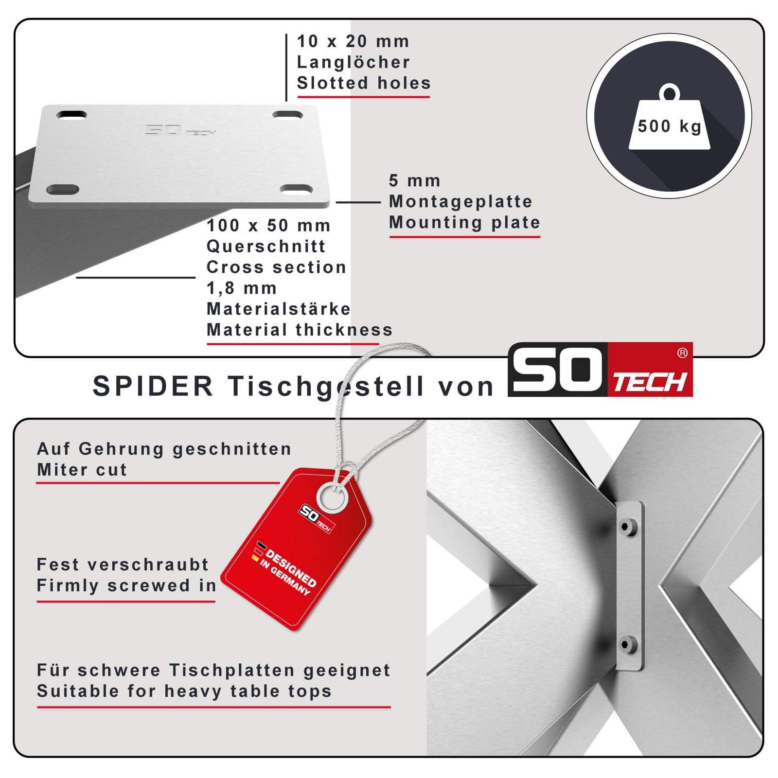 SOTECH Tischgestell Spider/Schwerlast Tisch-Beine aus echtem Edelstahl gebürstet / 710 x 1500 x 780 mm/bis 500 kg Belastbarkeit/Einfache Montage/Tisch-Kufen für DIY-Projekte Esstische