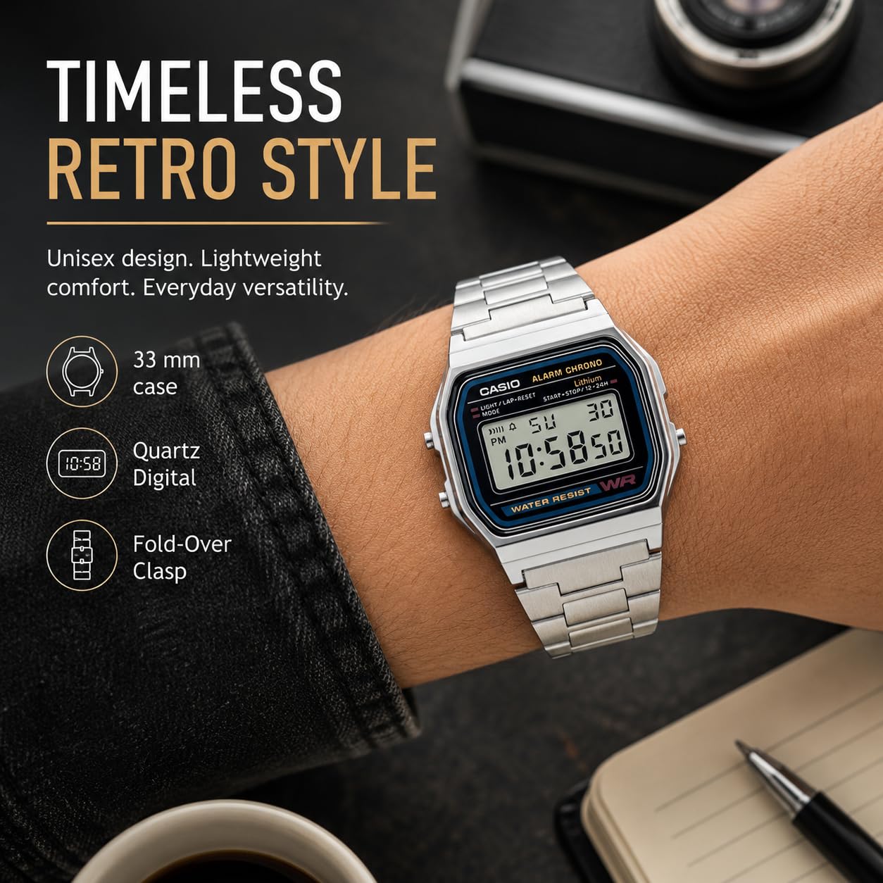 Casio A158WA Series | Unisex Digital Watch | Vintage | WR | 100 SEC Stop Watch | Daily Alarm | Regular Time Keeping: Hour Minute Second PM Date Day | Led Light | 7 Yr Battery product thumbnail 8