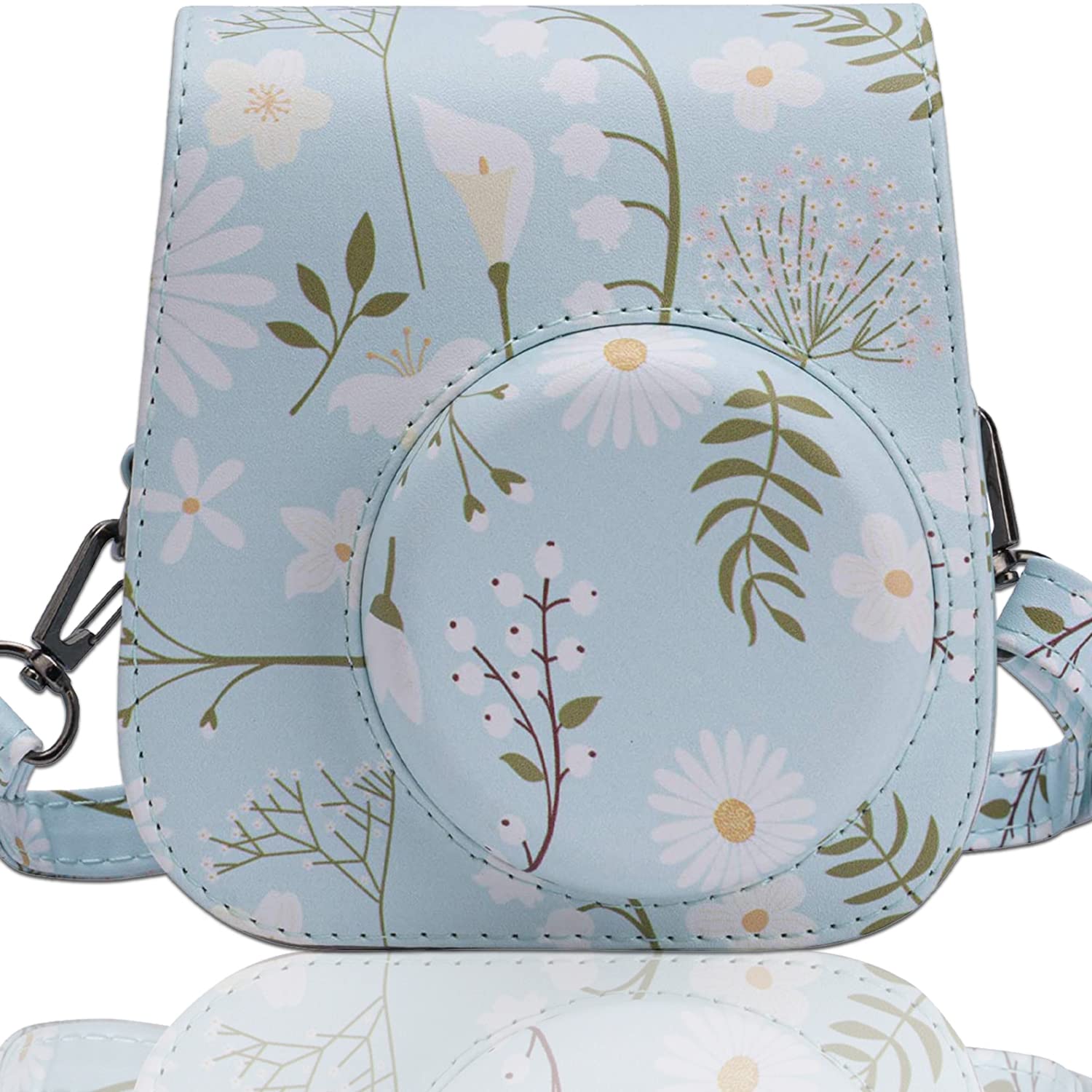 Frankmate PU Leather Camera Case Compatible with Fujifilm Instax Mini 11 12 Instant Camera with Adjustable Strap and Pocket (Chrysanthemum)