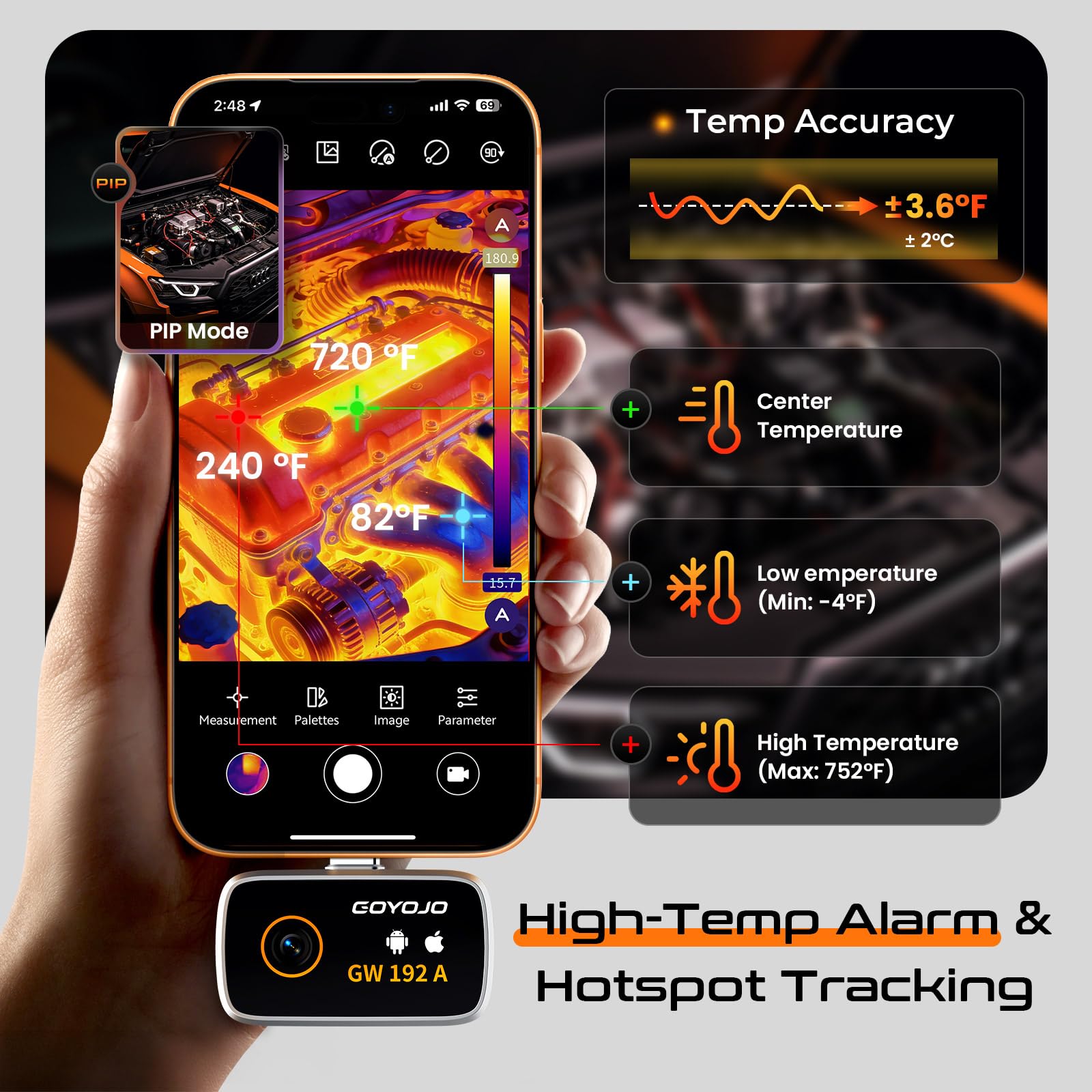 Camera Thermique USB-C, Résolution IR 192×192, Angle Large de 50°, Idéale pour les Inspections de Bâtiments, les Tests Électriques et les Inspections de Pipelines (Compatible avec iOS & Android)