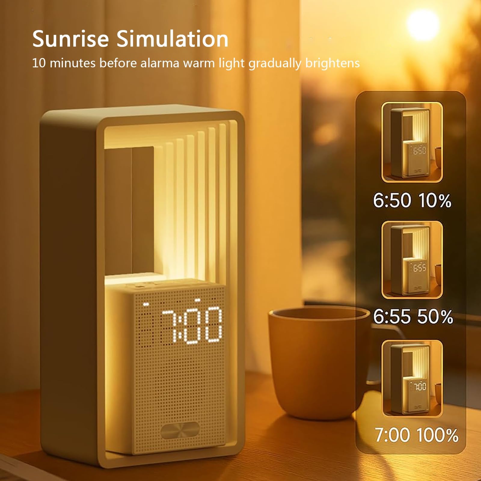 Despertador Inteligente con Luz De Amanecer, 9 Sonidos Relajantes Simulados, Puerto De Carga USB, Niveles De Brillo Ajustables y Función De Repetición De Alarma
