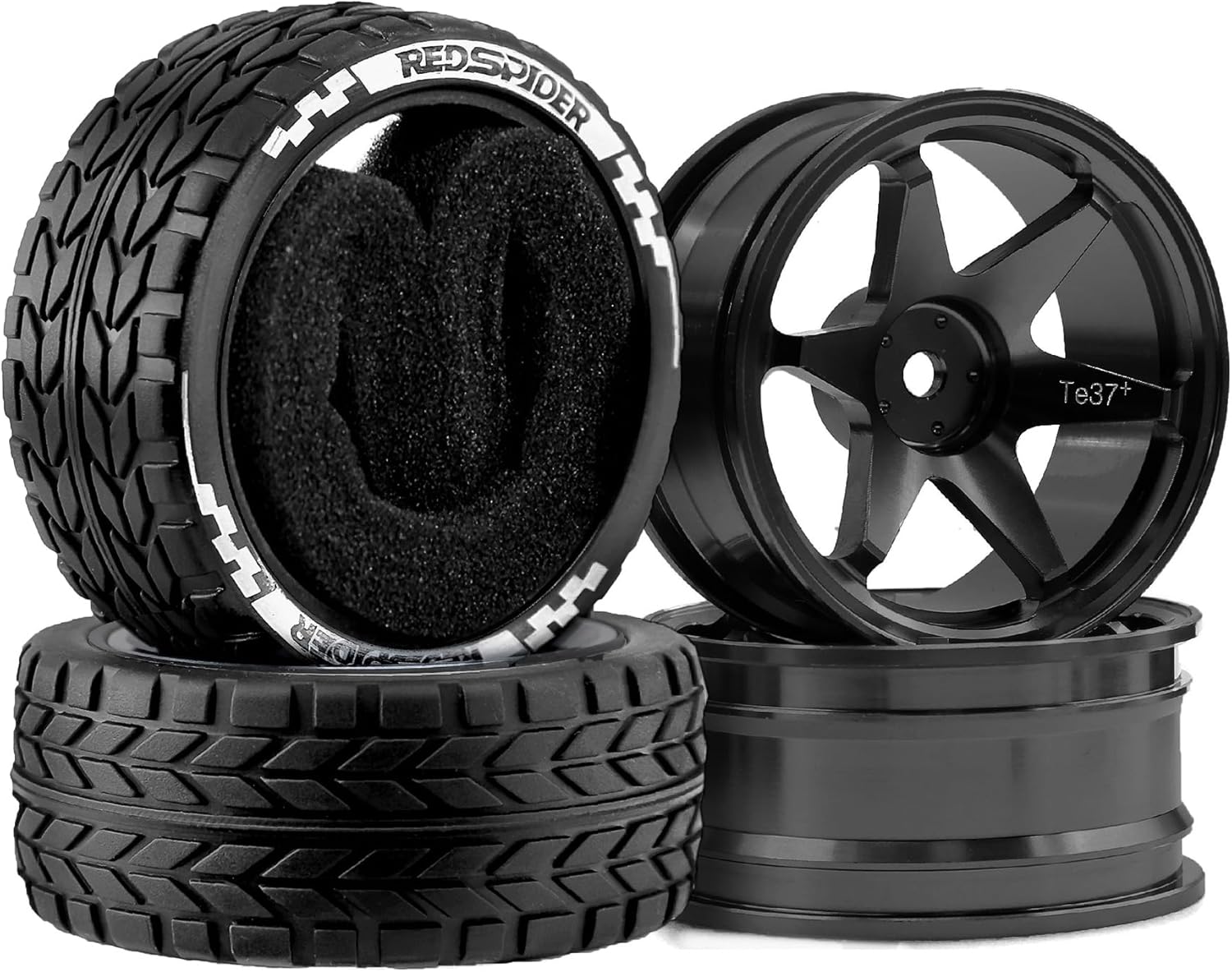 1/10 RC On Road Tires OD 2.55'' and Aluminium Street Wheels 4PCS 12mm Hex Touring Tyres for 1:10 Rally Racing Drift Car Tamiya TT01 TT02 XV01 HPI KYOSHO HSP PTG2 Traxxas TA06 A959 (Black)