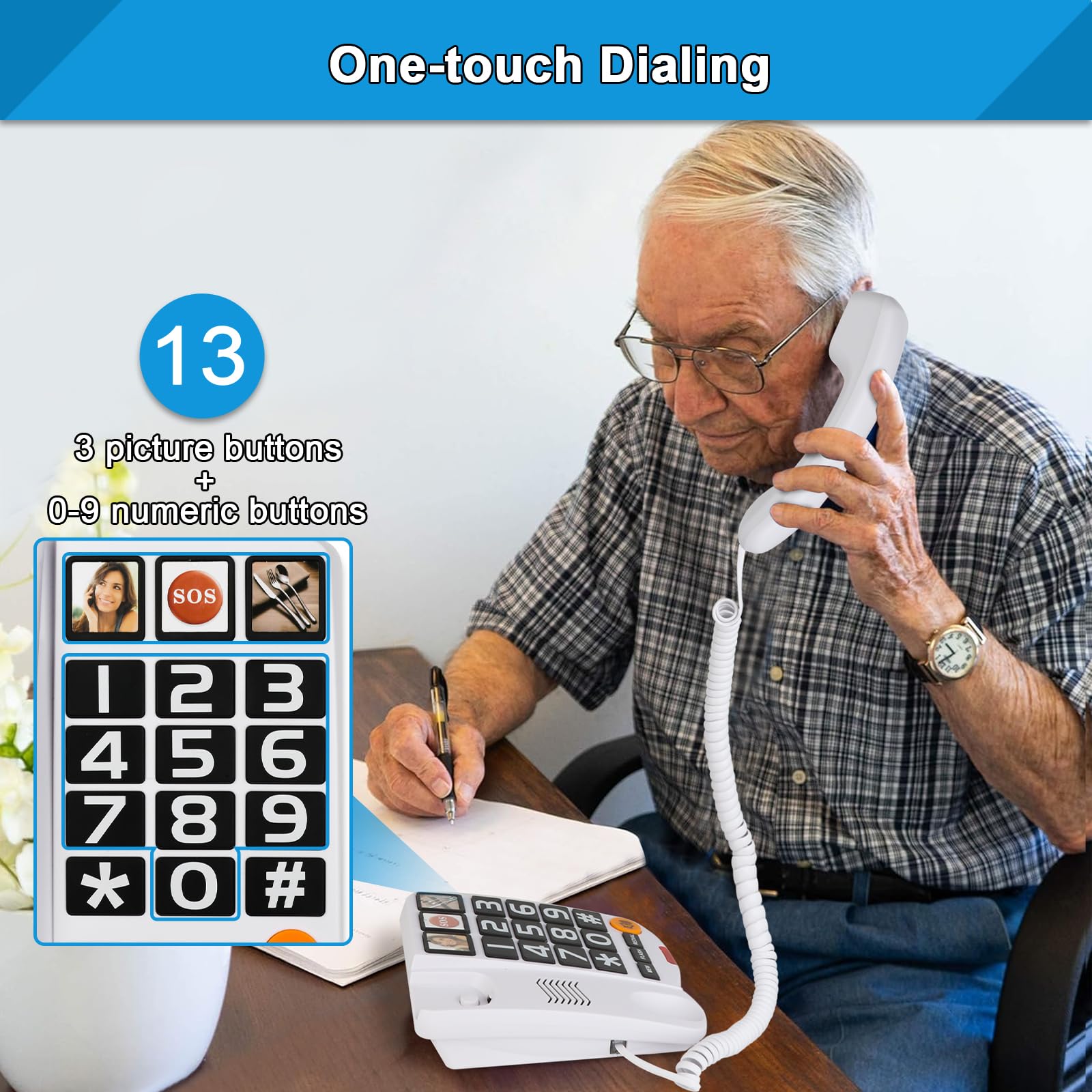 Telefoni a bottone grandi per anziani Sangyn Telefono fisso con cavo con controllo del volume Pulsante grande e composizione one-touch per suoneria amplificata per ipovedenti per ipovedenti