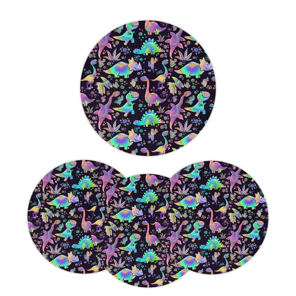 Colorful Dinosaurs Cacti Aloe Stones Round Braided Placemats Set of 4 Washable 12.6 Inch Round Table Mats Woven Heat Resistant Round Place Mats for Kitchen Dining Table