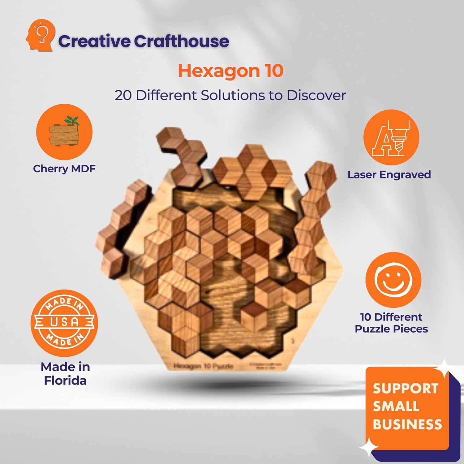 Creative Crafthouse Hexagon 10 - Unique Wooden Brain Teaser Puzzle, Handcrafted in USA - Puzzle for Teens and Adults