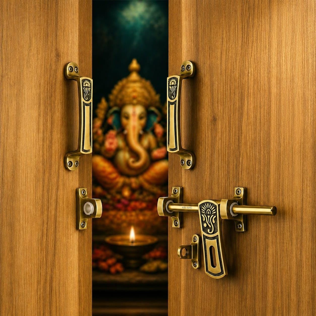 8 Inch Pooja Room Door Kit | Antique Brass Decorative Temple Door Hardware Set | Complete Mandir Door Fitting Kit |-image-43
