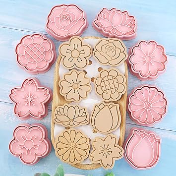 8 Pcs Flower Cookie Cutter, 3D Spring Floral Cookie Stamps | Tulip, Daisy, Sunflower, Rose, Cherry Blossoms Shapes, Homemake Baking Tools for Mother's Day, Valentine, Holiday DIY Cookies