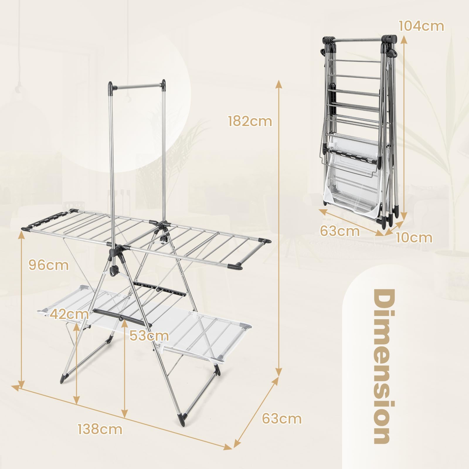 Giantex Wäscheständer, faltbar, mit 2 Ebenen, zusammenklappbar, mit hoher Aufhängung, nützlichen Clips, stabiler Stahlrahmen, verstellbare Flügel, 70 – 140 cm, für drinnen und draußen
