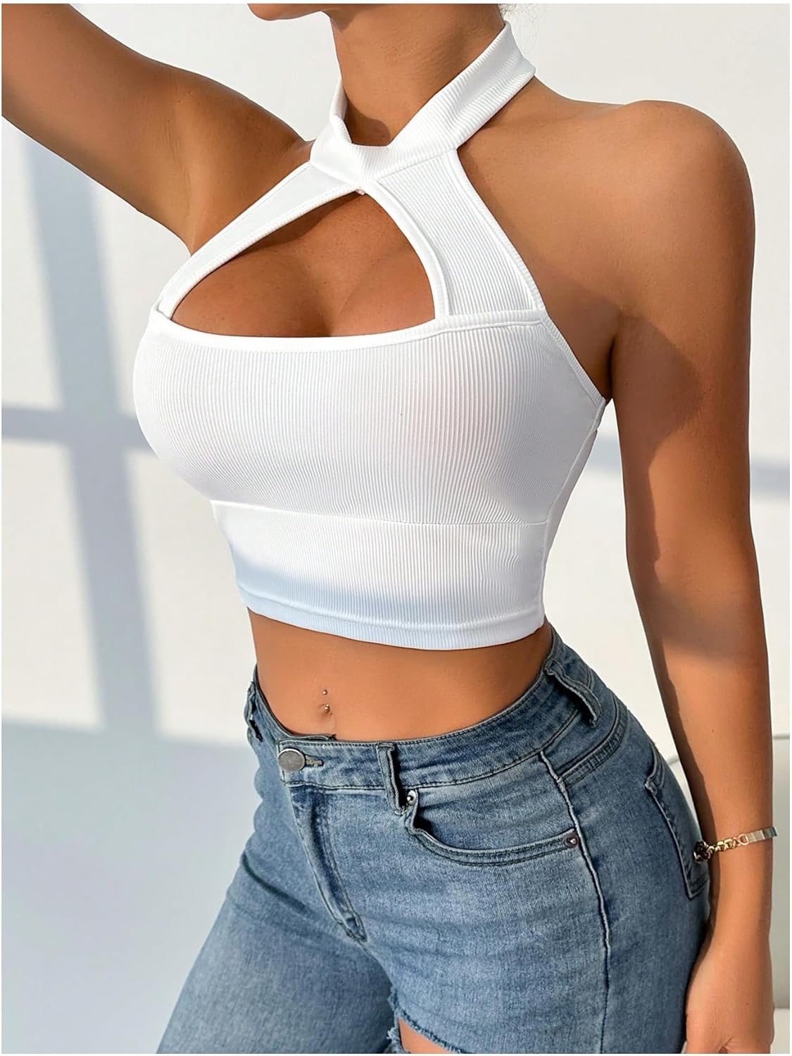 Floerns Women's Cut Out Sleeveless Halter Tops Ribbed Backless Crop Tank Top - Image 5