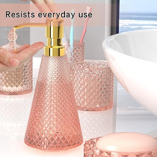Miniatura 4 de Juego de 5 accesorios de baño rosa elegante, moderno de cristal de alta calidad, organizador de tocador, dispensador de loción, jabonera, vaso,