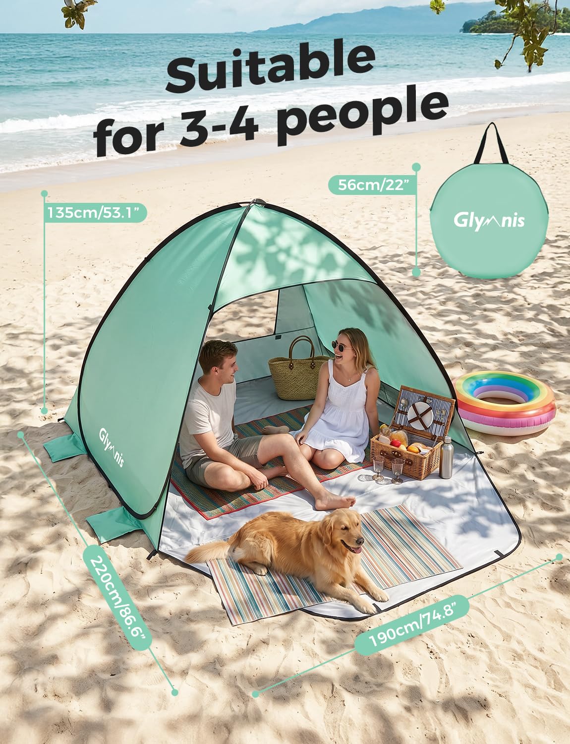 Całkowicie zamknięty namiot plażowy wyskakujący namiot plażowy z zamkiem błyskawiczny przenośny namiot błyskawiczny 175 * 200 * 125 cm dla 2-3 osób, ochrona przed słońcem UPF 50+, zawiera przenośną torbę
