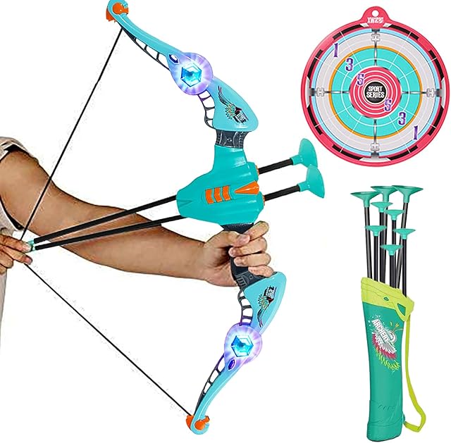koolbitz Kids Bow and Arrow Toy, Archery Bow and Arrow Set with 10 Suction Cup Arrows and Target with Large Quiver, LED Light, Garden Fun Summer Game Set for Childrens