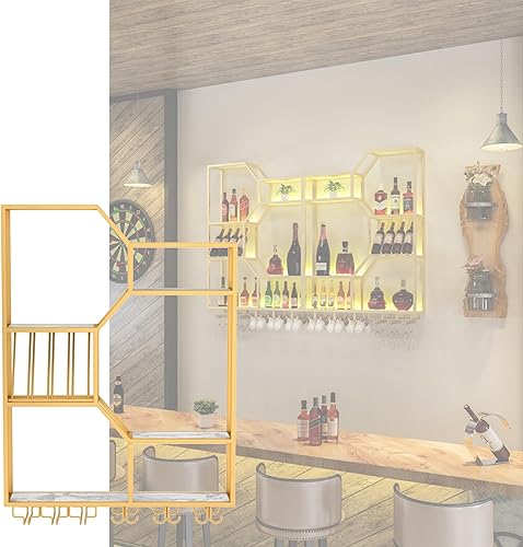 Miniatura 10 de Estantes para vinos, estantes de bar montados en la pared con estante colgante para copas de vino y luz LED, estante de exhibición de botellas de