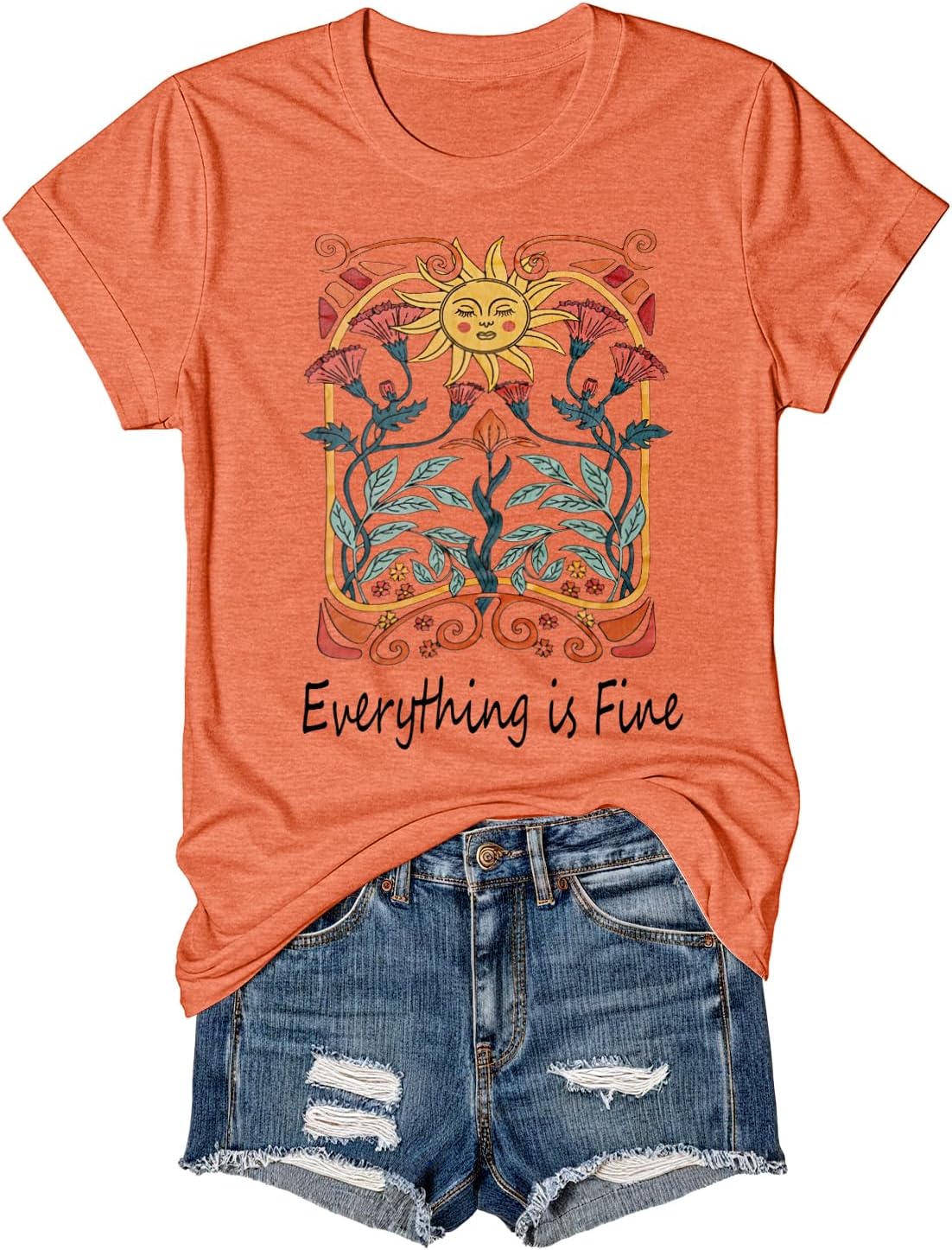 Everything is Fine Women's T-Shirt Sunflower & Wildflower Graphic Tee Print, Casual Short Sleeve Loose Fit Tops/Blouse - Image 4