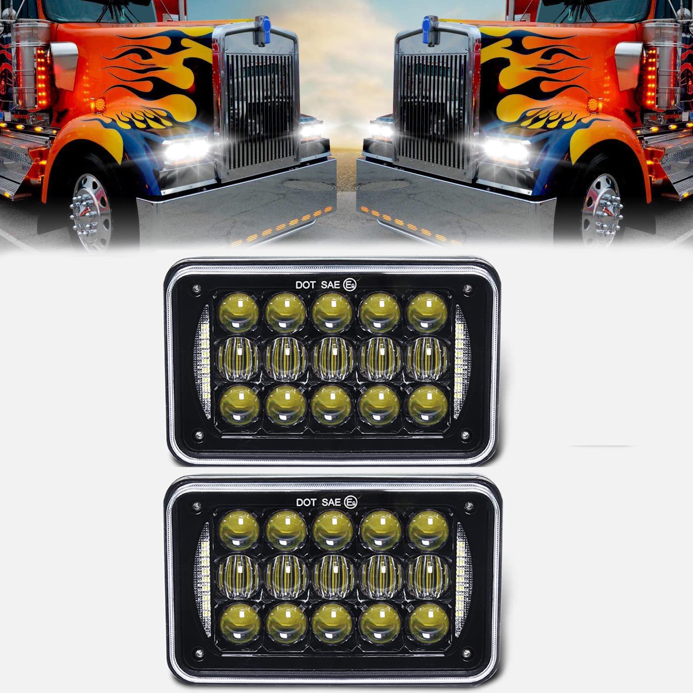 COWONE4x6 inch LED Headlights Rectangular Headlamps Replace H4651 H4652 H4656 H4666 H6545 Compatible with Peterbilt Kenworth Freightliner - Black 2Pcs