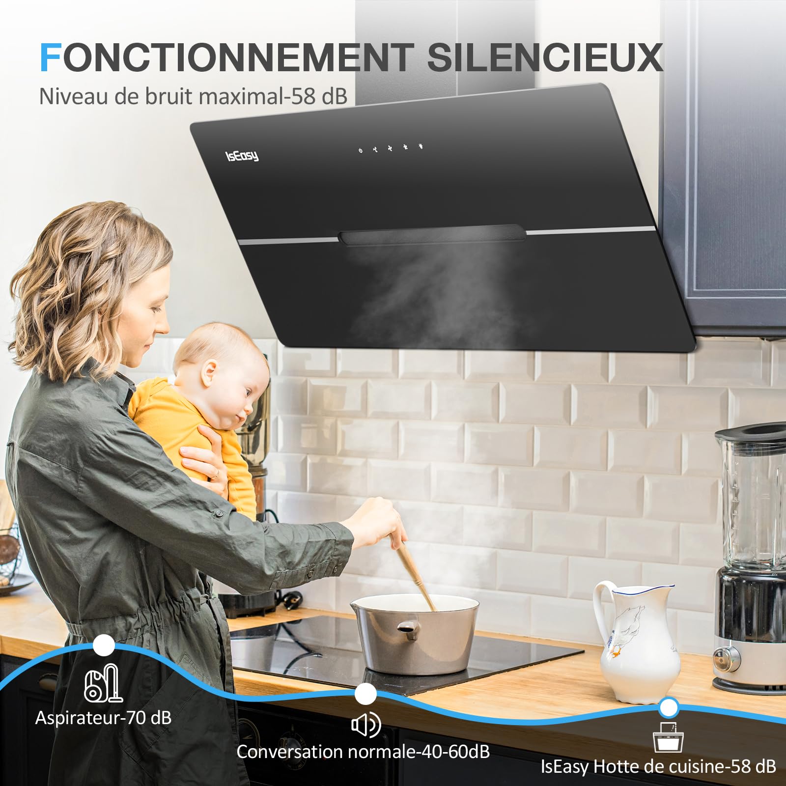 IsEasy Hotte Aspirante 90cm, Hotte de Cuisine Inclinées Noir, Classe A++, 578 m³/h, Evacuation ou Recyclage, 3 Vitesses, Eclairage à LED, 2 Filtres à Charbon