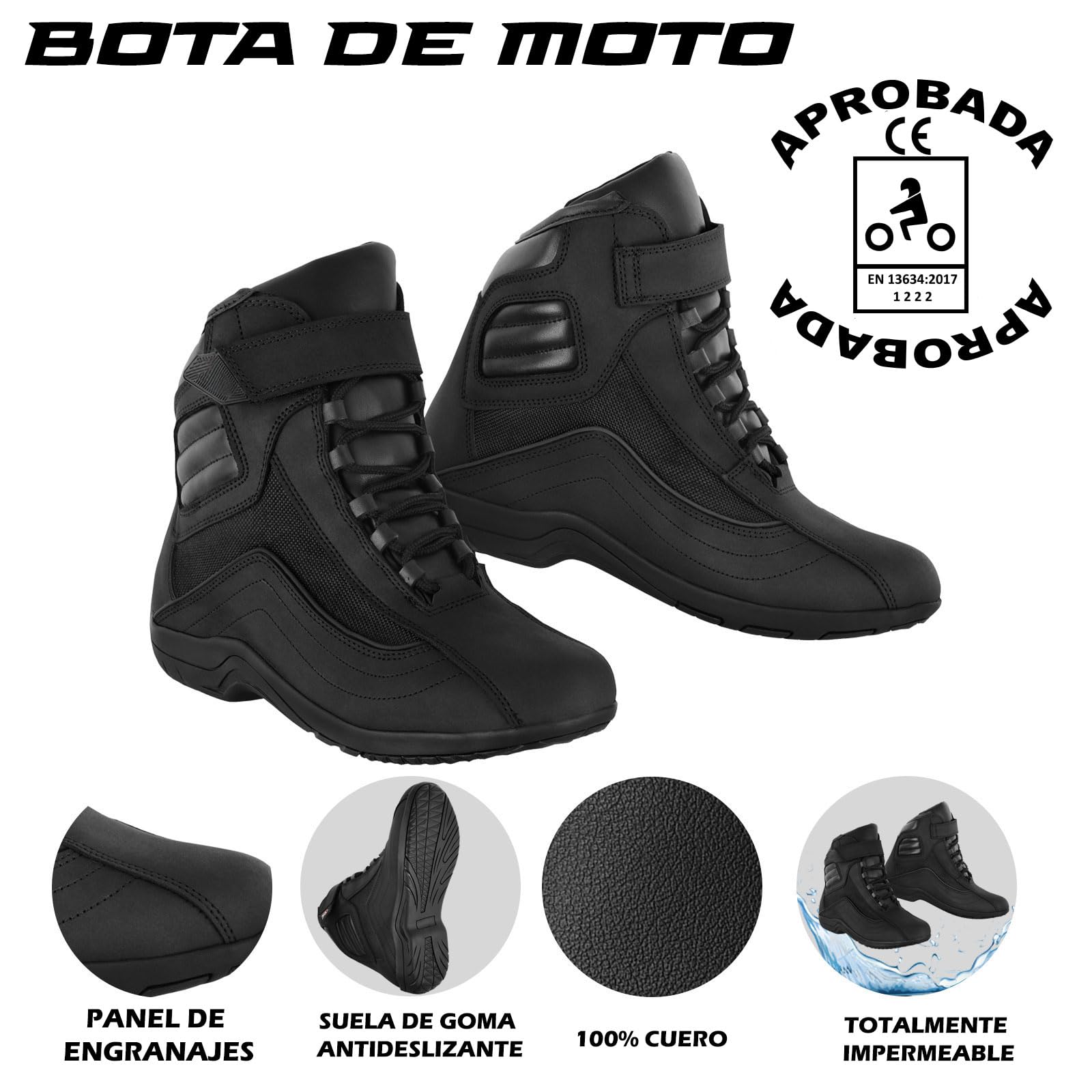 6010 - Botas de moto de cuero para hombre con suela de goma antideslizante y protección CE EN 13634:2017