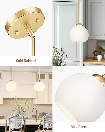 Miniatura 3 de Emak PL119-GD-ML-2PK - Lámpara colgante de globo de 7 pulgadas con pantalla de vidrio de leche, 1 luz colgante para isla de cocina, baño, comedor,