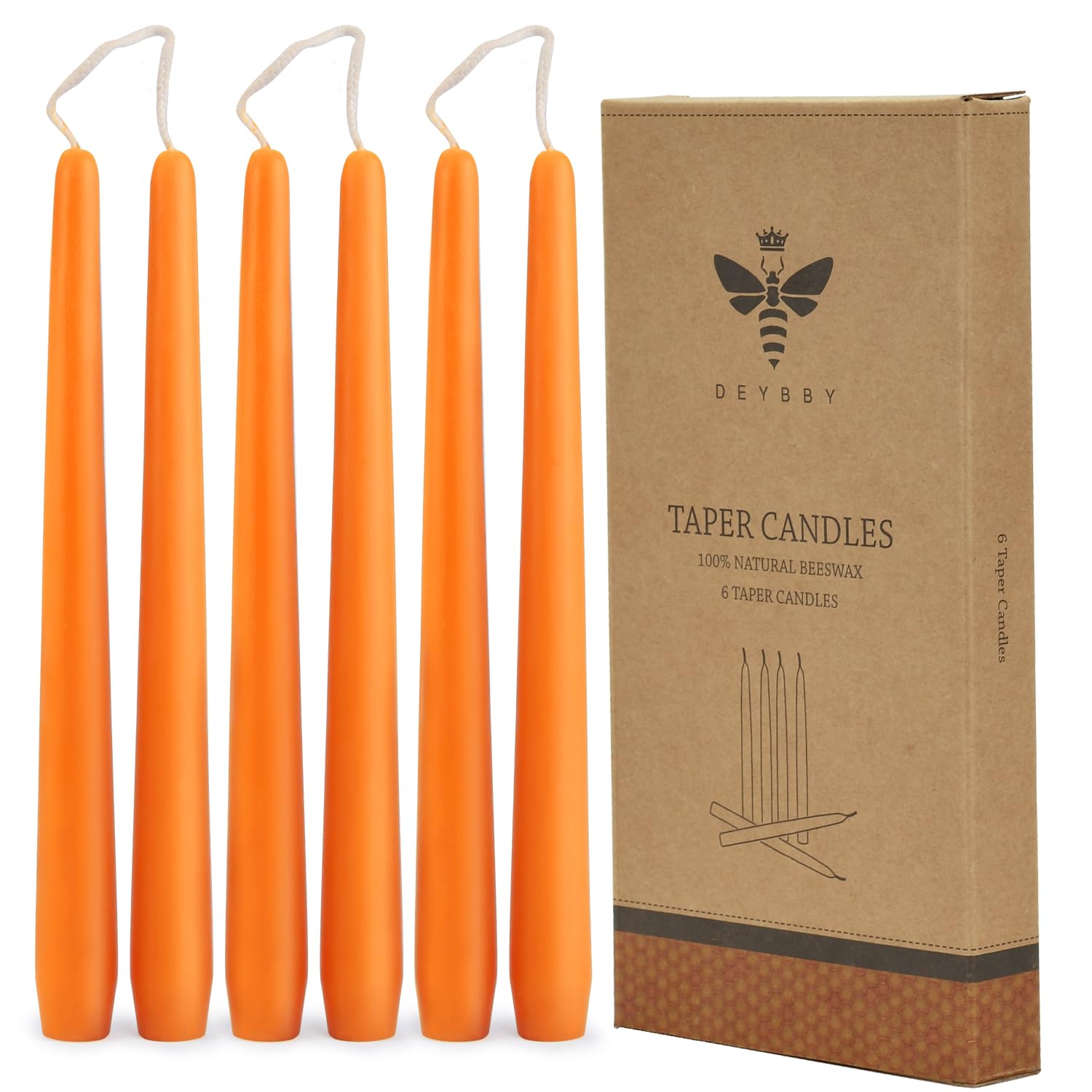 Natural Beeswax Taper Candles 10"- Beeswax Candles Set 6 Pack, Bright Orange
