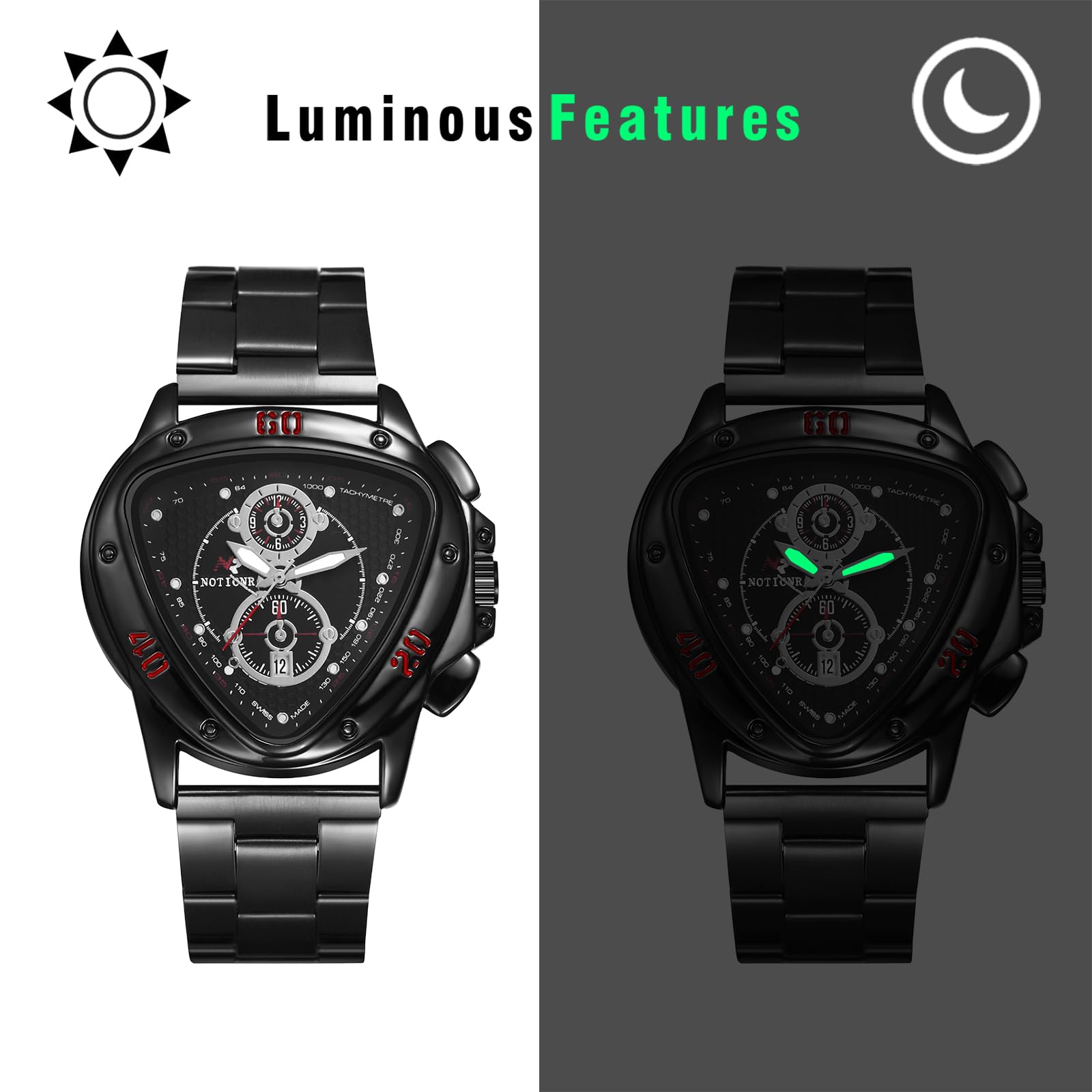 JewelryWe Herrenuhr Dreieckige Leuchtende Uhr Einzigartig Kalender Analog Quarz Armbanduhr Herren Edelstahl Armband Business Casual Uhr mit Leuchtzeigern und Dreiecksgehäuse