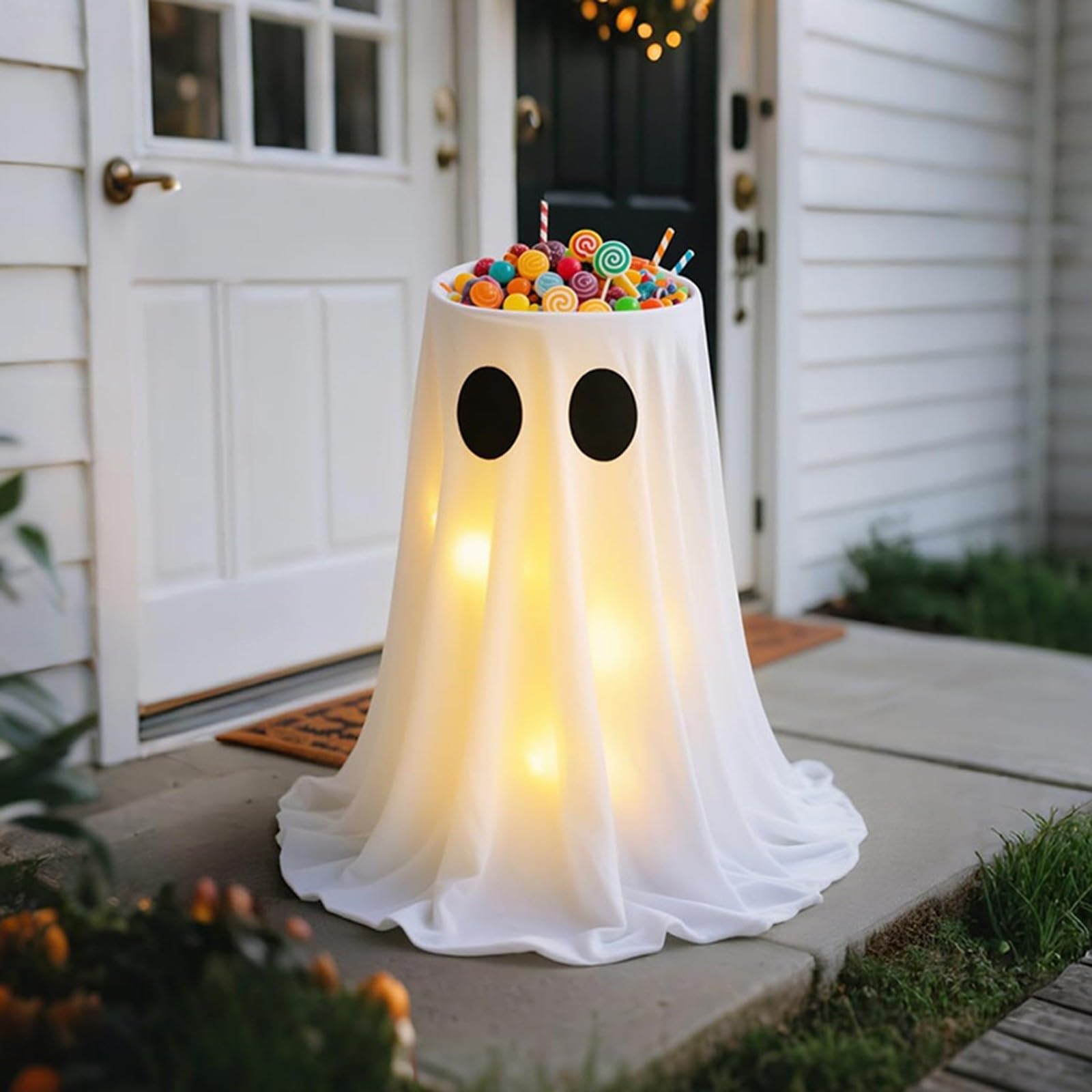 USB Powered Halloween Decorations - Halloween Ghost Candy Bowl Stand Decoration LED Lights - Cute Ghost Candy Holder for Front Door Porch Outdoor Indoor Decor