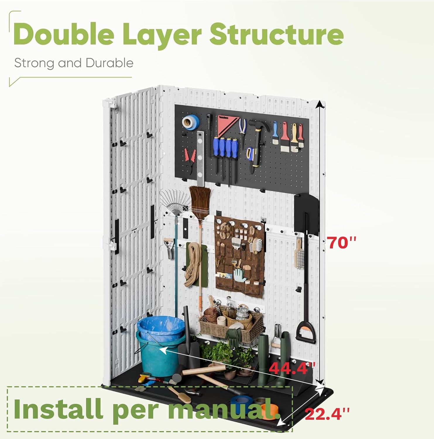 Devoko Outdoor Storage Cabinet interior showing labeled panels and mounting points for shelves