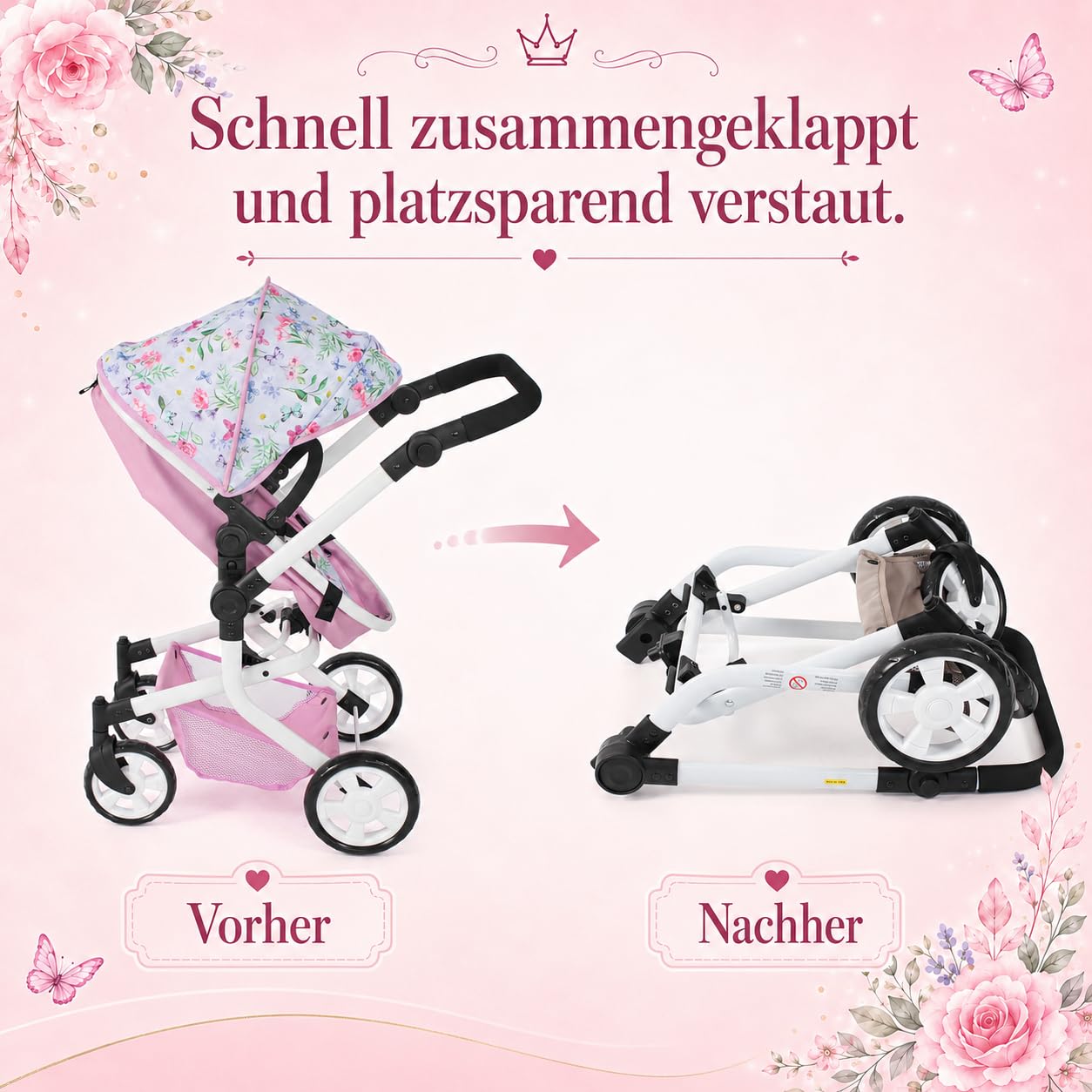 Bayer Chic 2000 Poussette poupée Mika 2 en 1 Pliable et réglable | Poussette poupée 2 en 1 pliable avec poignée réglable (47-80 cm), pour poupées jusqu'à 52 cm.