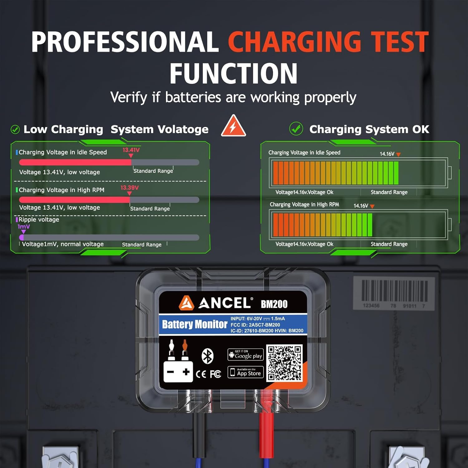 ANCEL BM200Blue Bluetooth 4.2 Moniteur de Batterie - Testeur de Batterie de Voiture 12V - Battery Monitor pour les Batteries au Lithium et Plomb-acide - avec test de charge et de démarrage Alarme