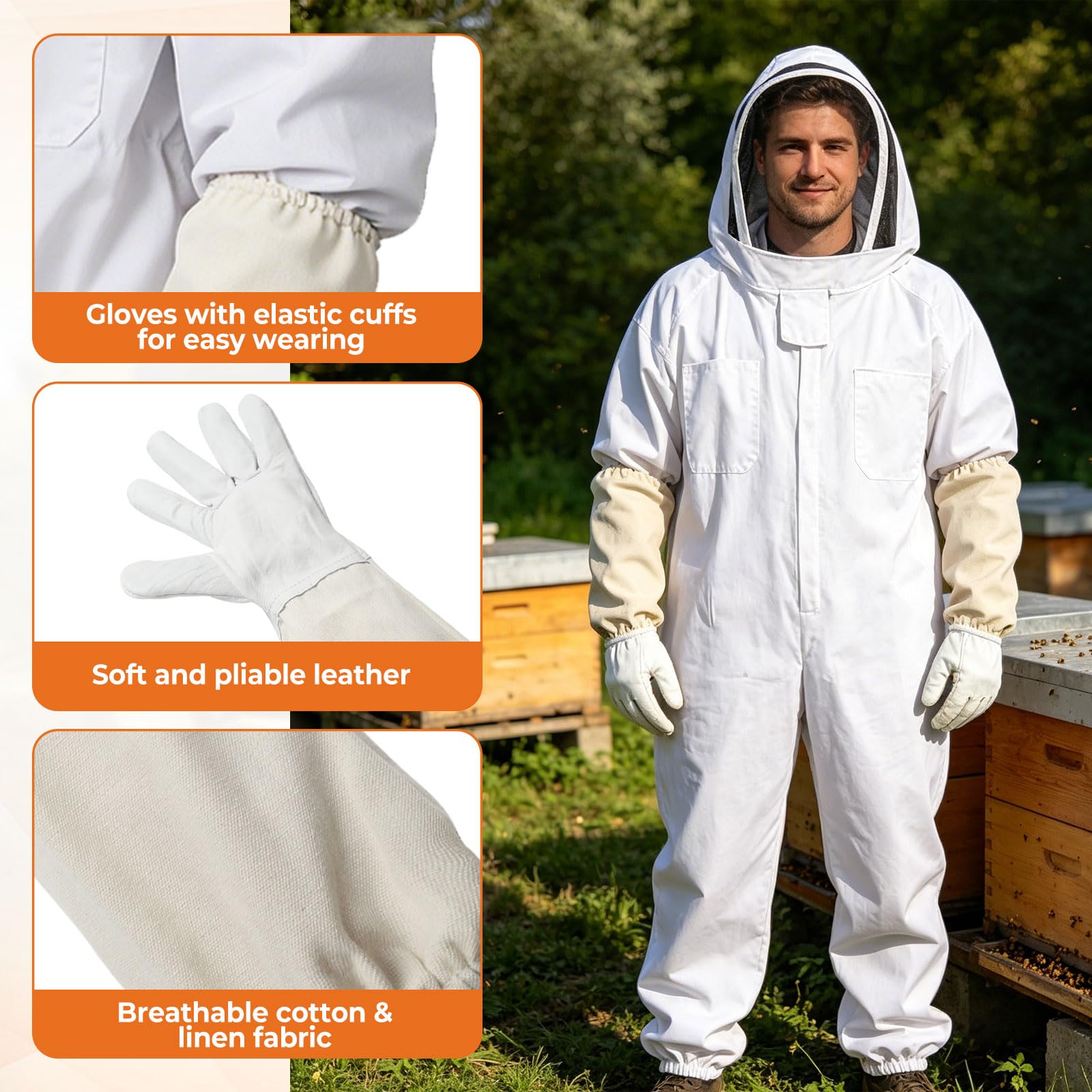 Imkeranzug mit Schleier Handschuhen und Bürste, Imker Ganzkörper Schutzanzug Unisex, Weiß Baumwoll Imker Kostüm für Berufsimker und Anfänger