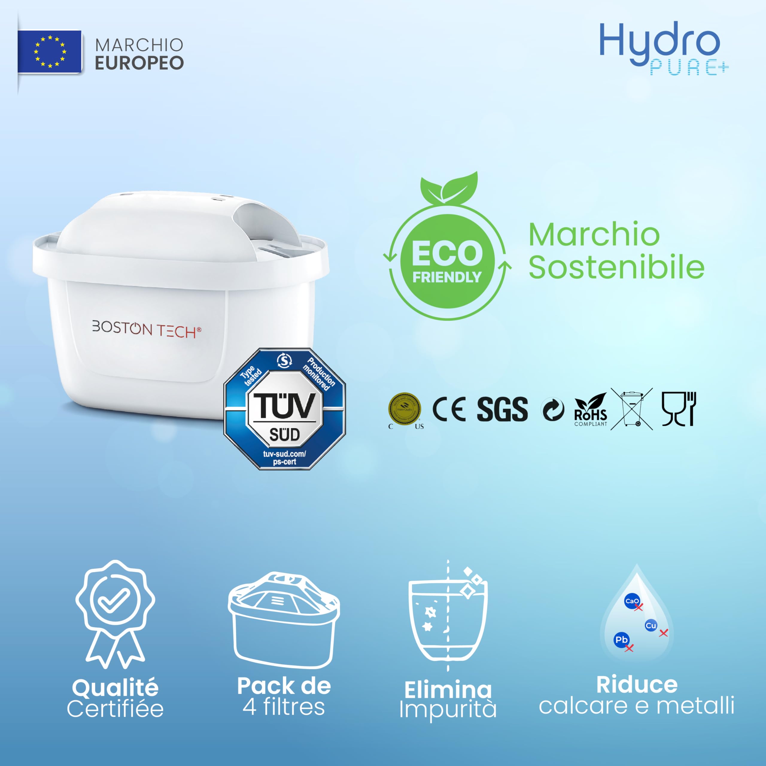 4 Filtri per Acqua HydroPure® | Compatibili con Caraffe Brita, Maxtra, Maxtra+ Plus, Marella, PerfectFit, Basics | Rimuovono: PFAS, PFOA, PFOS, Cloro, Calcare e Metalli | Certificato TÜV SÜD