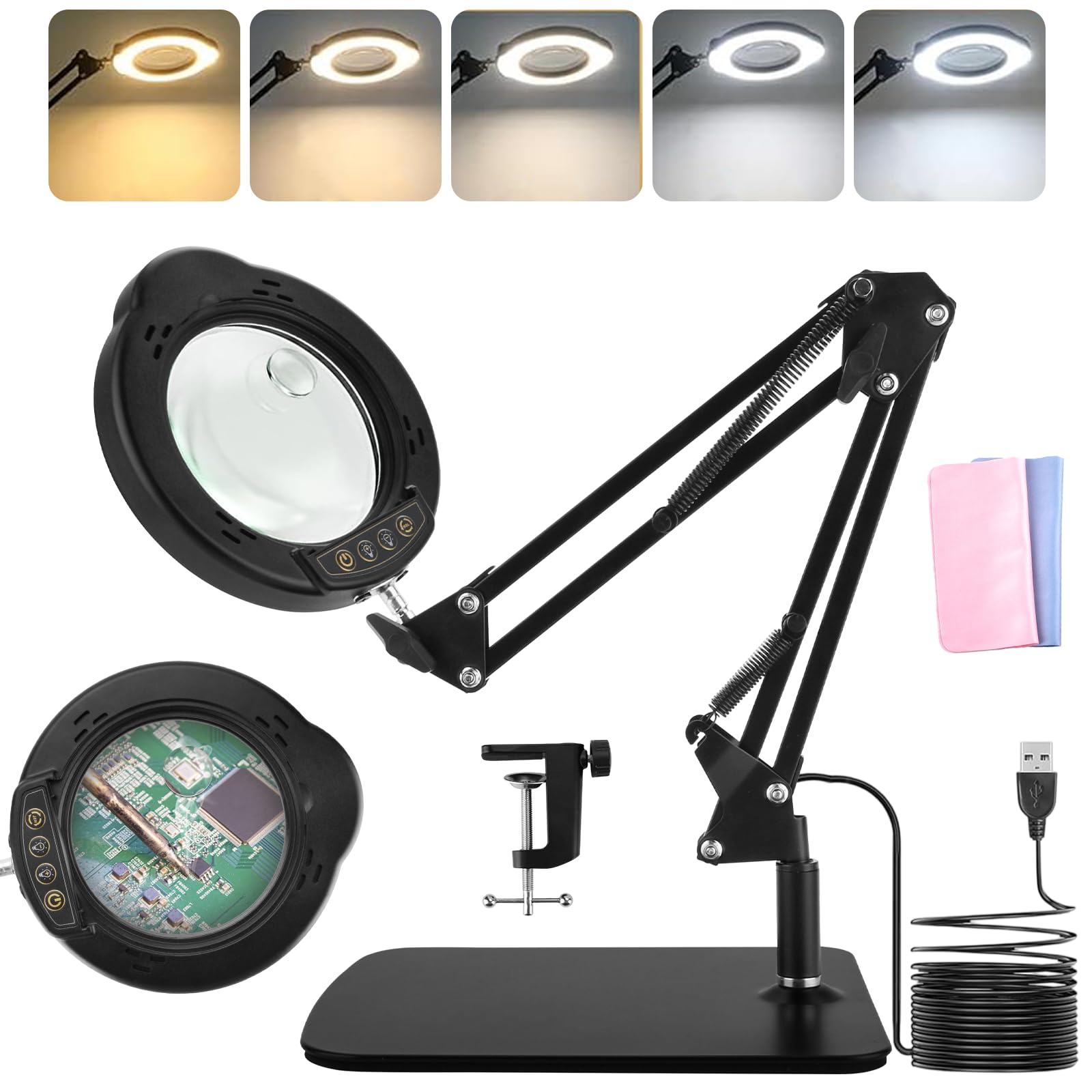 Lampe Loupe 10-15X avec Pince,Loupe Multifonctionnelle,Lampe De Table Led à Intensité Variable avec 5 Modes De Couleur,9 Niveaux De Luminosité pour Les RéParations,L'artisanat,Le Travail de Près