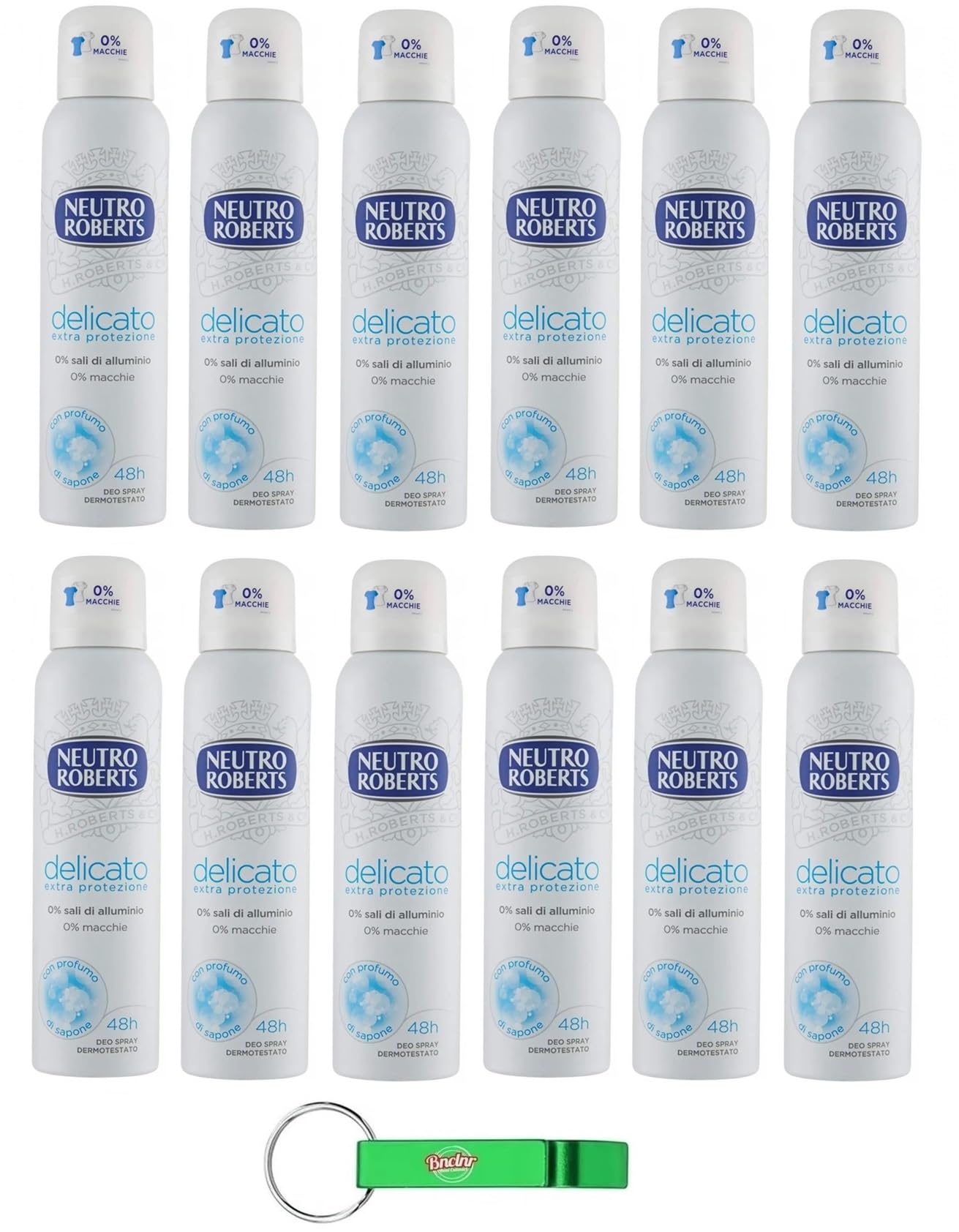 Neutro Roberts - Desodorante en spray Delicato (12 unidades, 150 ml, incluye llavero Beni Culinari gratuito)