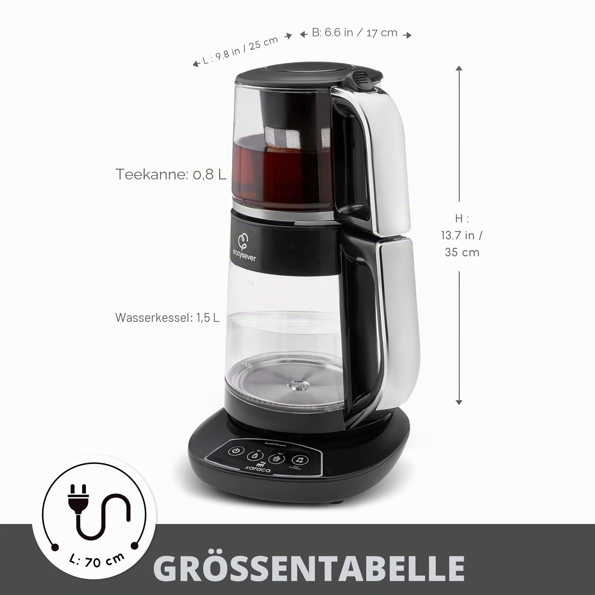 Karaca Caysever Maschine, Stahl, Chrome 1700 W, BPA-frei, 0,8 Lt Fassungsvermögen Glas-Teekanne, 1,5 Lt Fassungsvermögen Wassertank, Wasserzubereitung