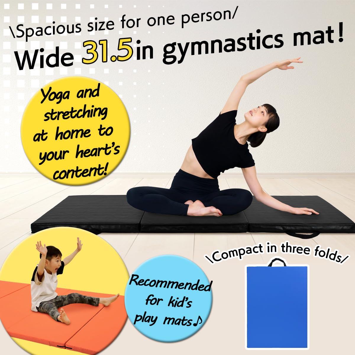 'KaRaDaStyle Gymnastics Mat Folding Stretch Mats 71''x31''x2'' Exercise Muscle Training Children Play Horizontal Bar Mat Yoga Sports Soundproof Home Use'