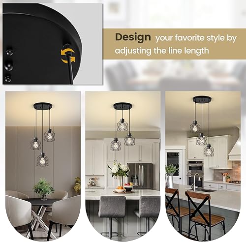 Miniatura 4 de 3-Light Pendant Light Fixtures, Farmhouse Hanging Pendant Lighting, Dining Room Chandelier, Industrial Kitchen Island Hanging Light Fixture, Black