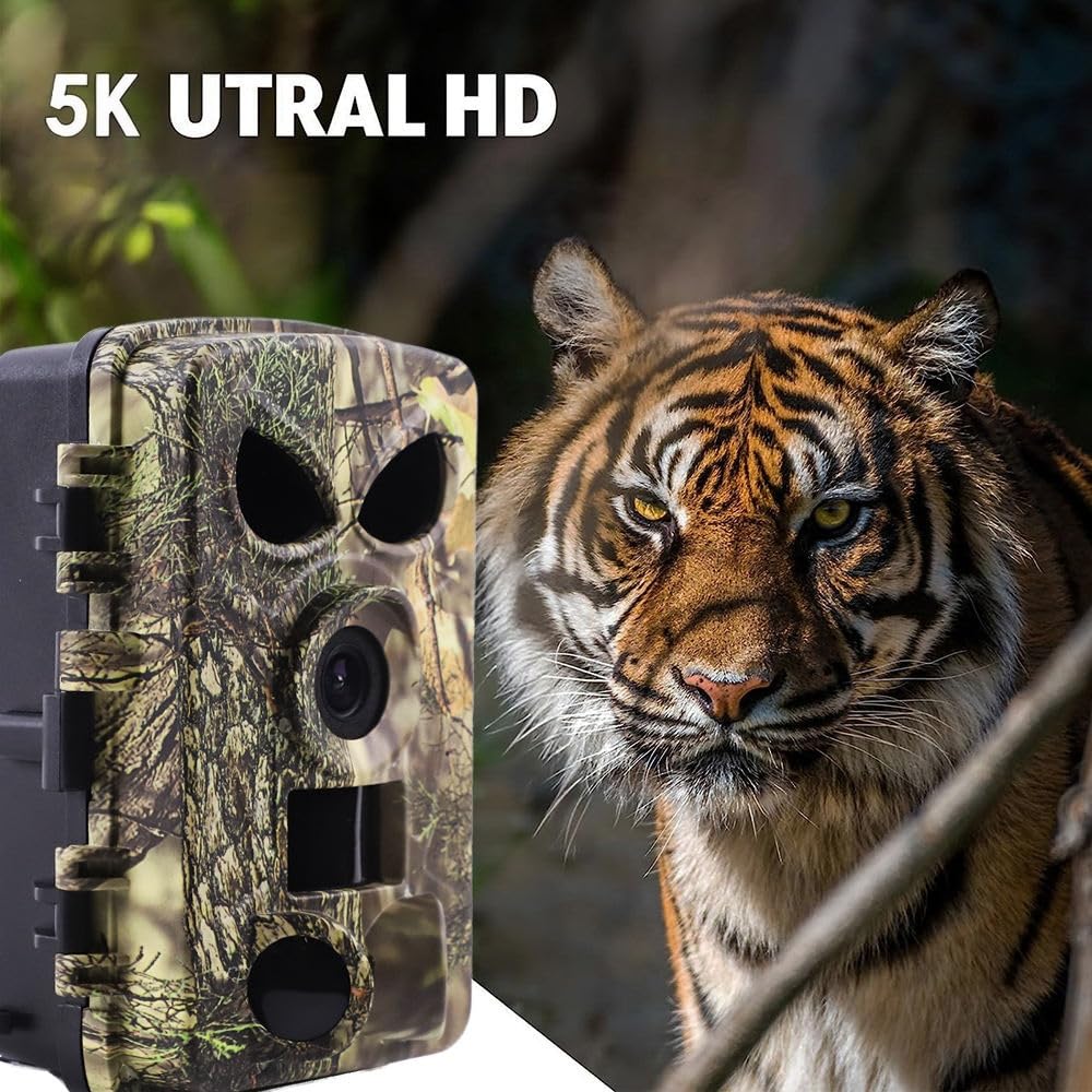 Wildkamera mit Handyübertragung APP, 5K 64MP HD WLAN Bluetooth mit 32GB Speicherkarte, Wildkamera mit Bewegungsmelder Nachtsicht, 0.1s Auslöser, IP67 Wasserdicht, 130° Weitwinkel